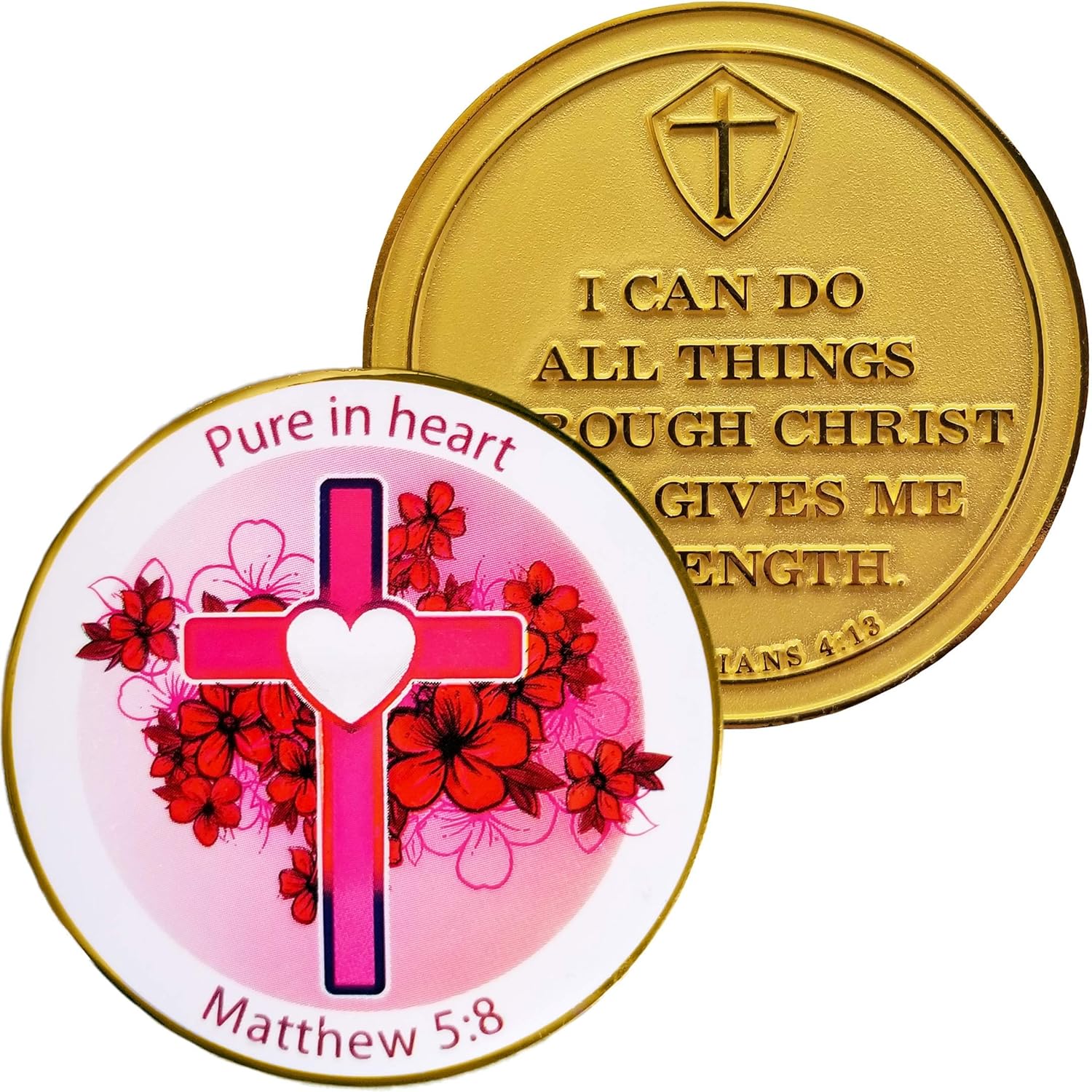 Collectible Christian Coin, I Can Do All Things Through Christ Who Gives Me Strength Philippians 4:13 and Pure in Heart Matthew 5:8 Sentiment. 2" Gold Plated Challenge Coin for Women Girls