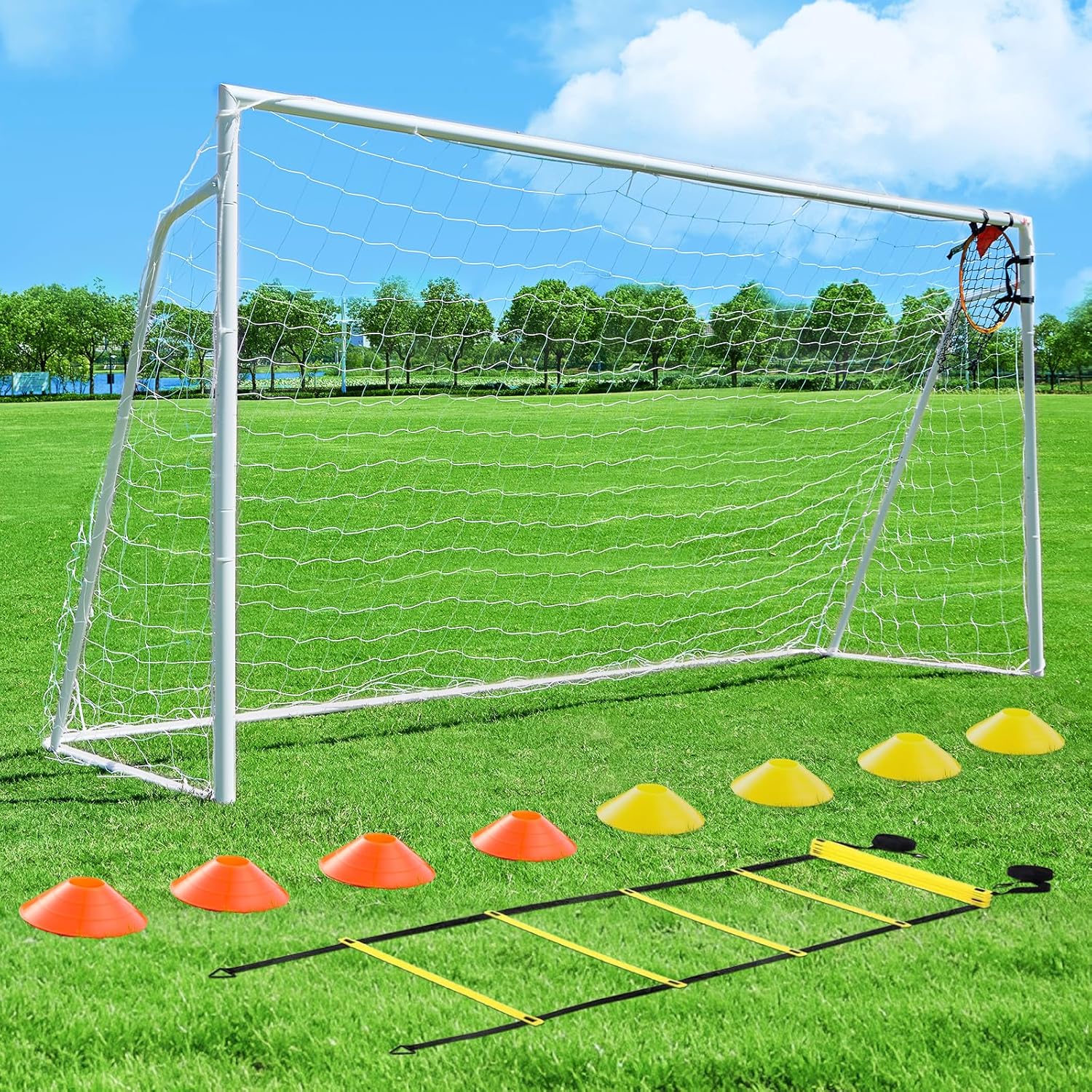 Soccer Goal 12x6,10x6.5, 8x6, 6x4FT Soccer Goals for Backyard Metal Soccer Goals for Kids Youth Adults Large Outdoor 2" Steel Soccer Goal Post Frame with Soccer Net Target Net Portable Agility Ladder 12×6 FT