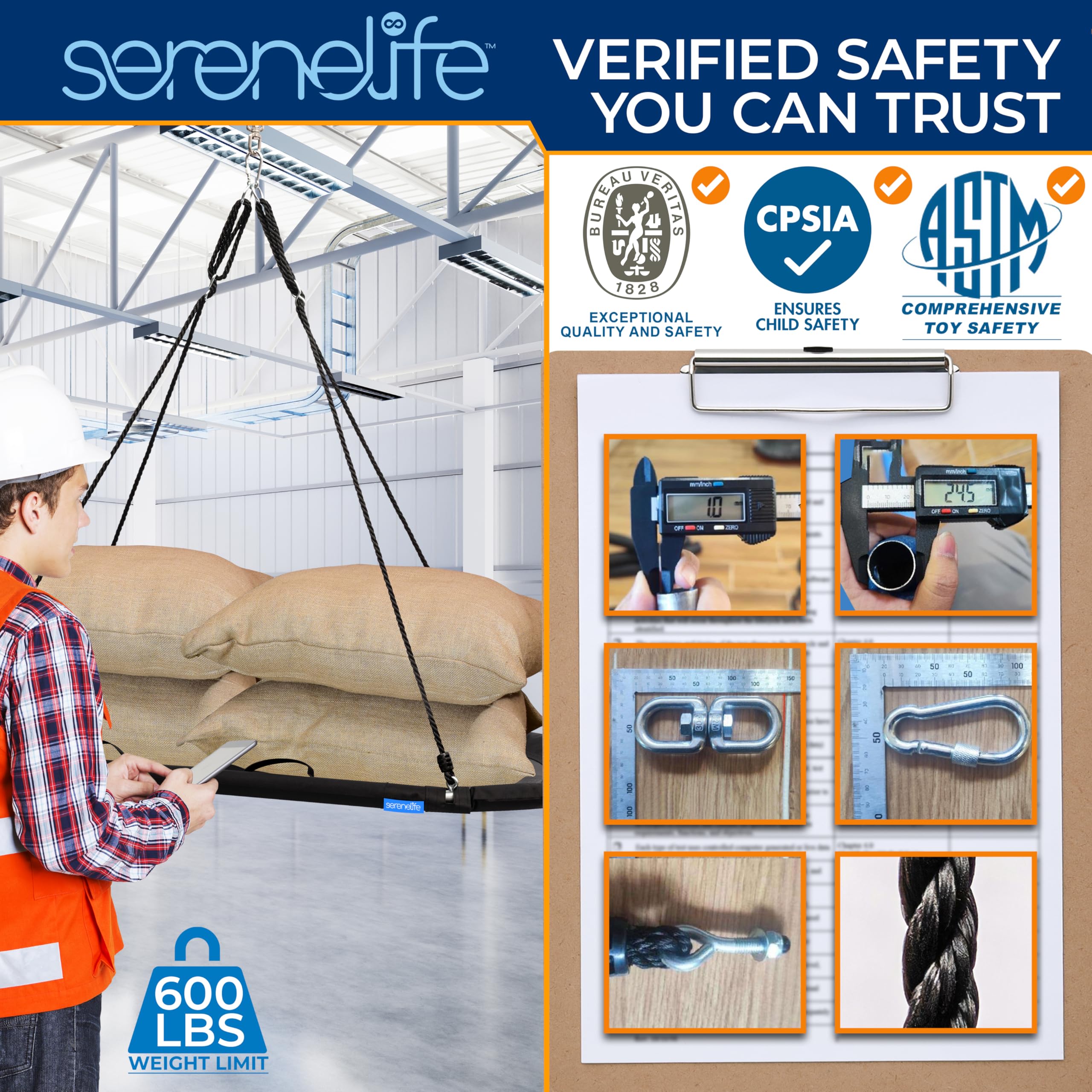 SereneLife 67" Oval Saucer Swing - Giant Outdoor Swing Set with Universal Hanging Kit, Swinging Seat Spinner with Pillow & Carry Bag, Weatherproof, Water-Resistant, Supports Up to 700 lbs, Black