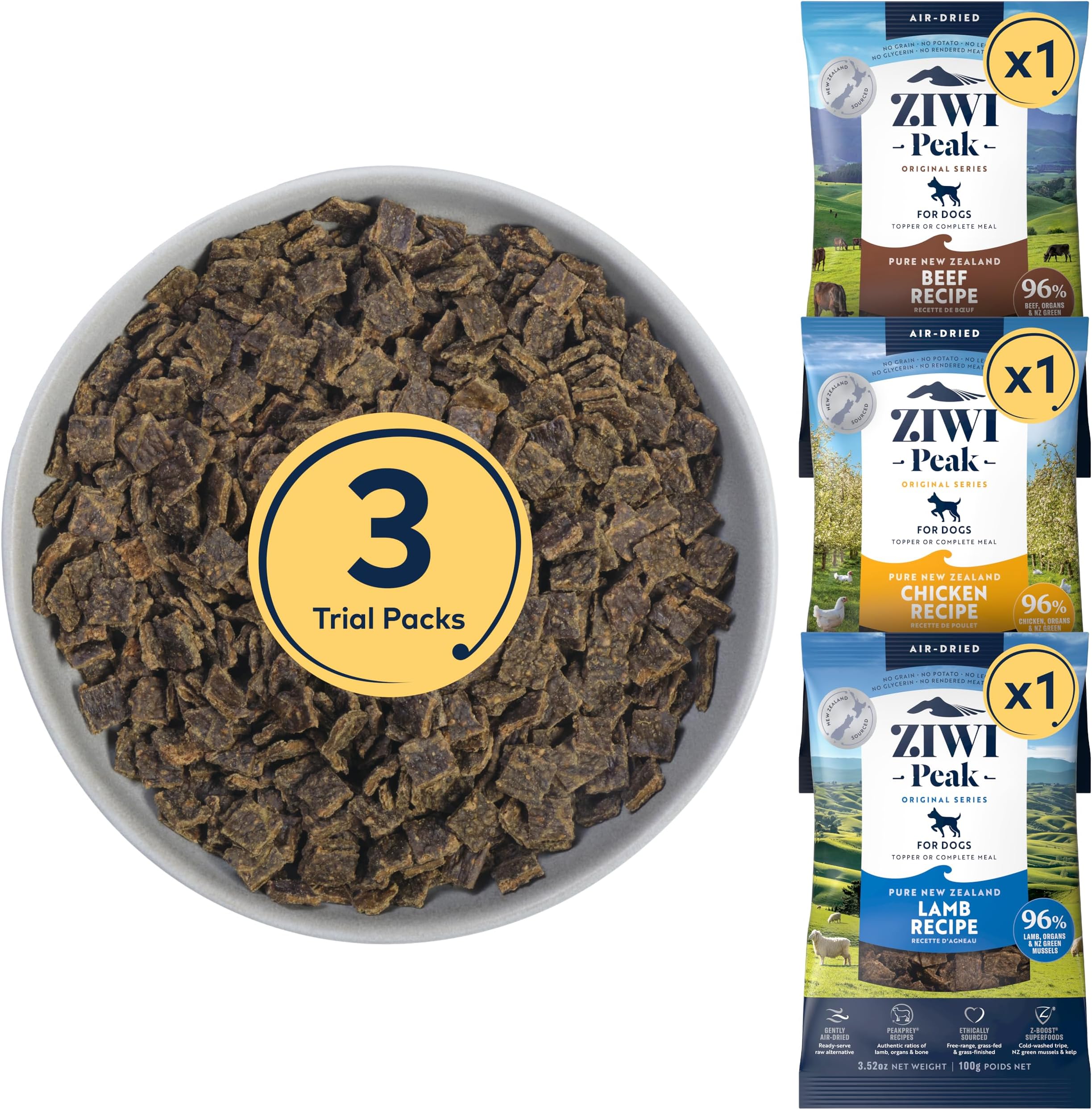 ZIWI Peak Air-Dried Dog Food, Variety Pack Trial Size: Beef + Chicken + Lamb - All Natural, High Protein, Grain Free, Limited Ingredient w/Superfoods (3.5oz Pack of 3)