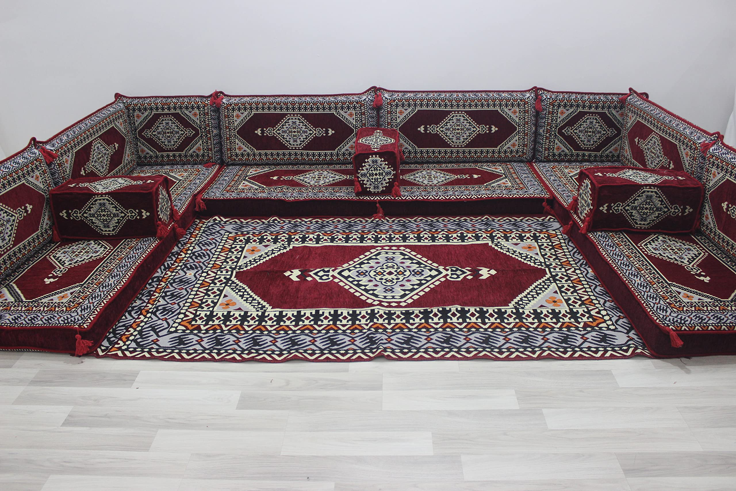 Traditional Arabic Floor Sofa, Arabic Majlis Jalsa, Ethnic Floor Couch, Moroccan Floor Cushions, Jordanian Iraqi Living Room, Garden Sofa (U Sofa + Rug)