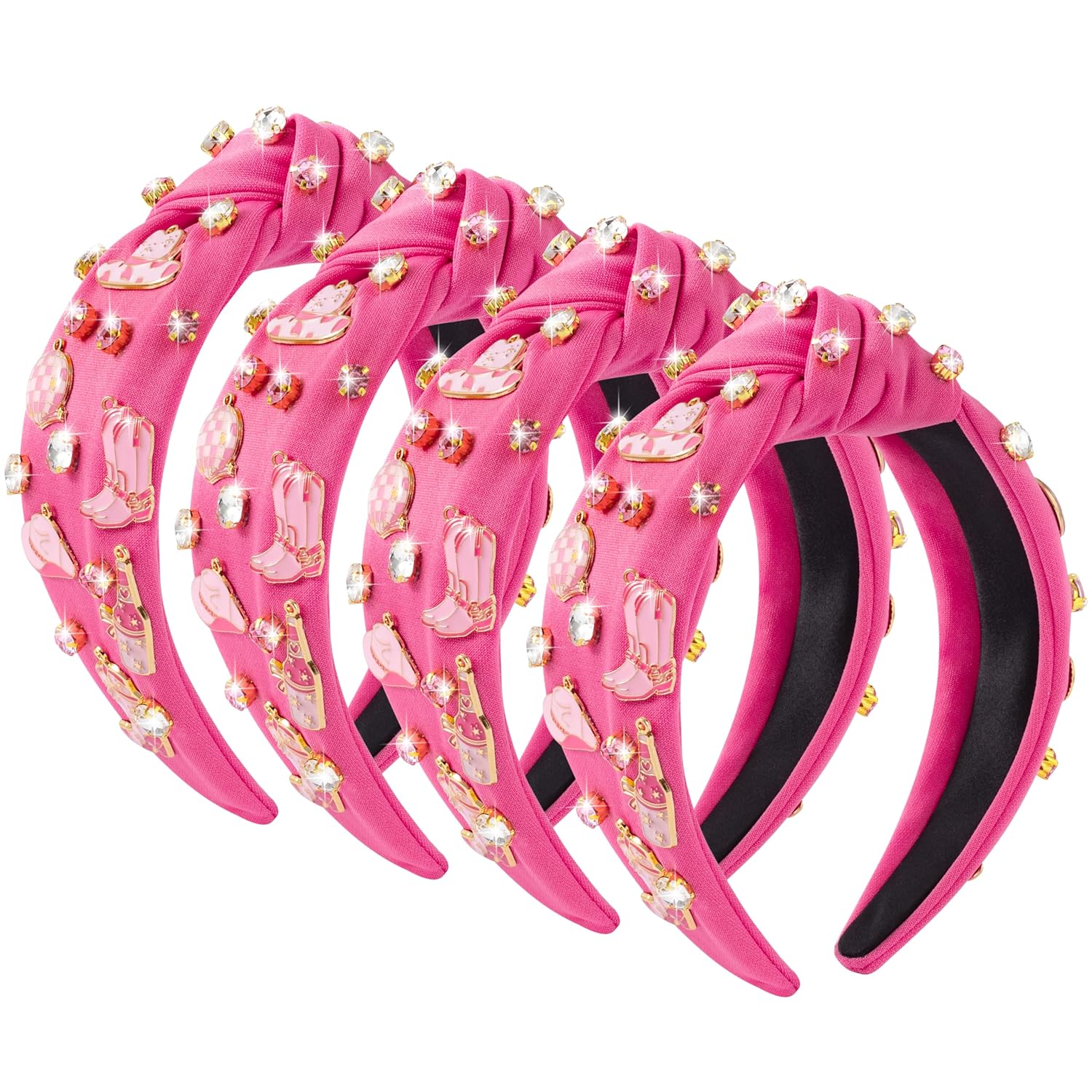 PANTIDE 4Pcs Western Jeweled Knotted Headband - Cowgirl boots Hat Rhinestone Crystal Embellished Headband Wide Top Knot Hairband Hair Accessories Birthday Gift for Cowboy Women Girls (Hot Pink)