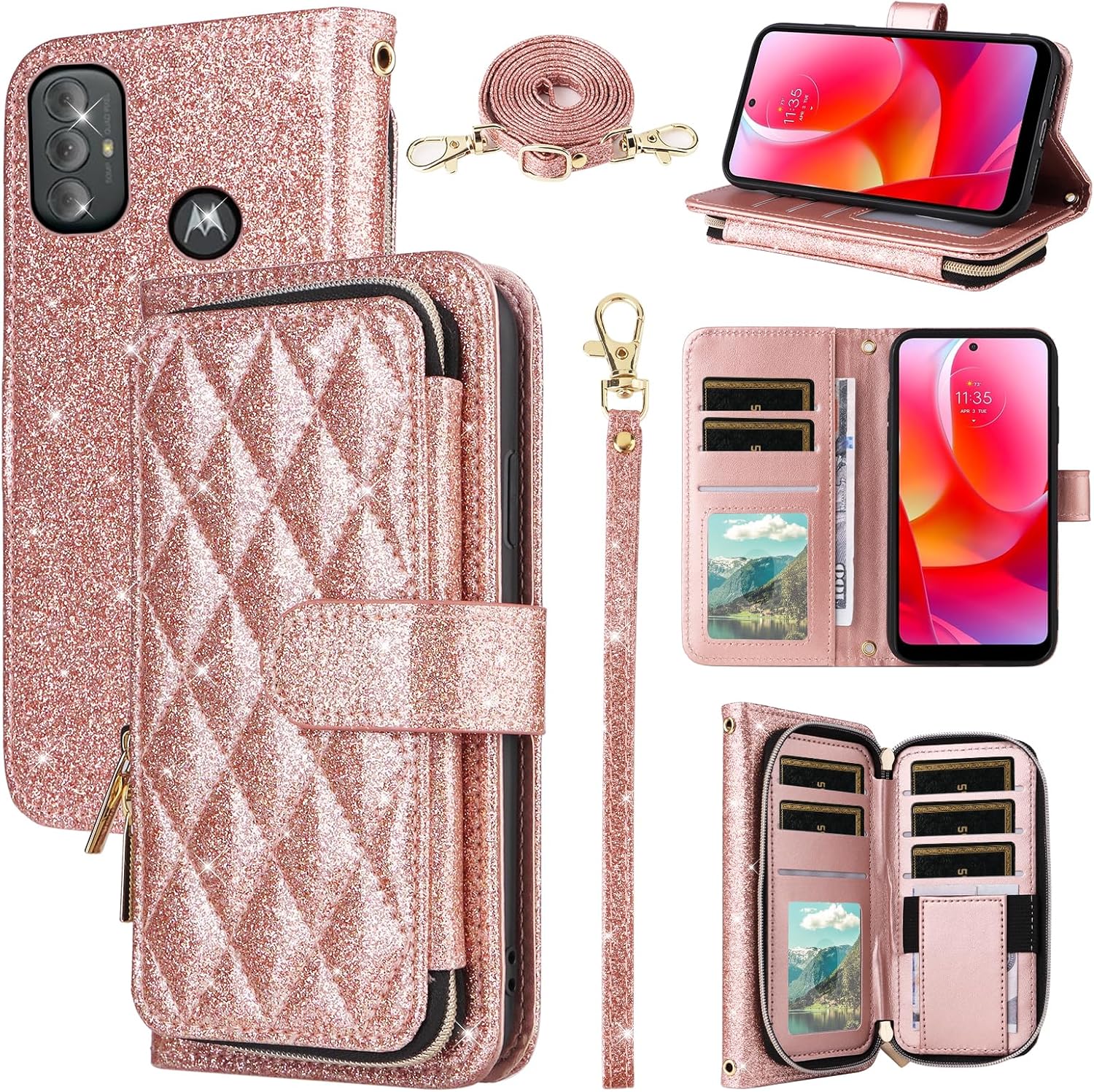 Wallet Case for Motorola Moto G Power 2022/MotoG Play 2023/G Pure 2021 with Wrist Strap Shoulder Strap 9 Card Slots Zipper Purse Stand Phone Cover for XT2165DL XT2163DL XT2165-5 XT2271-5 Pink