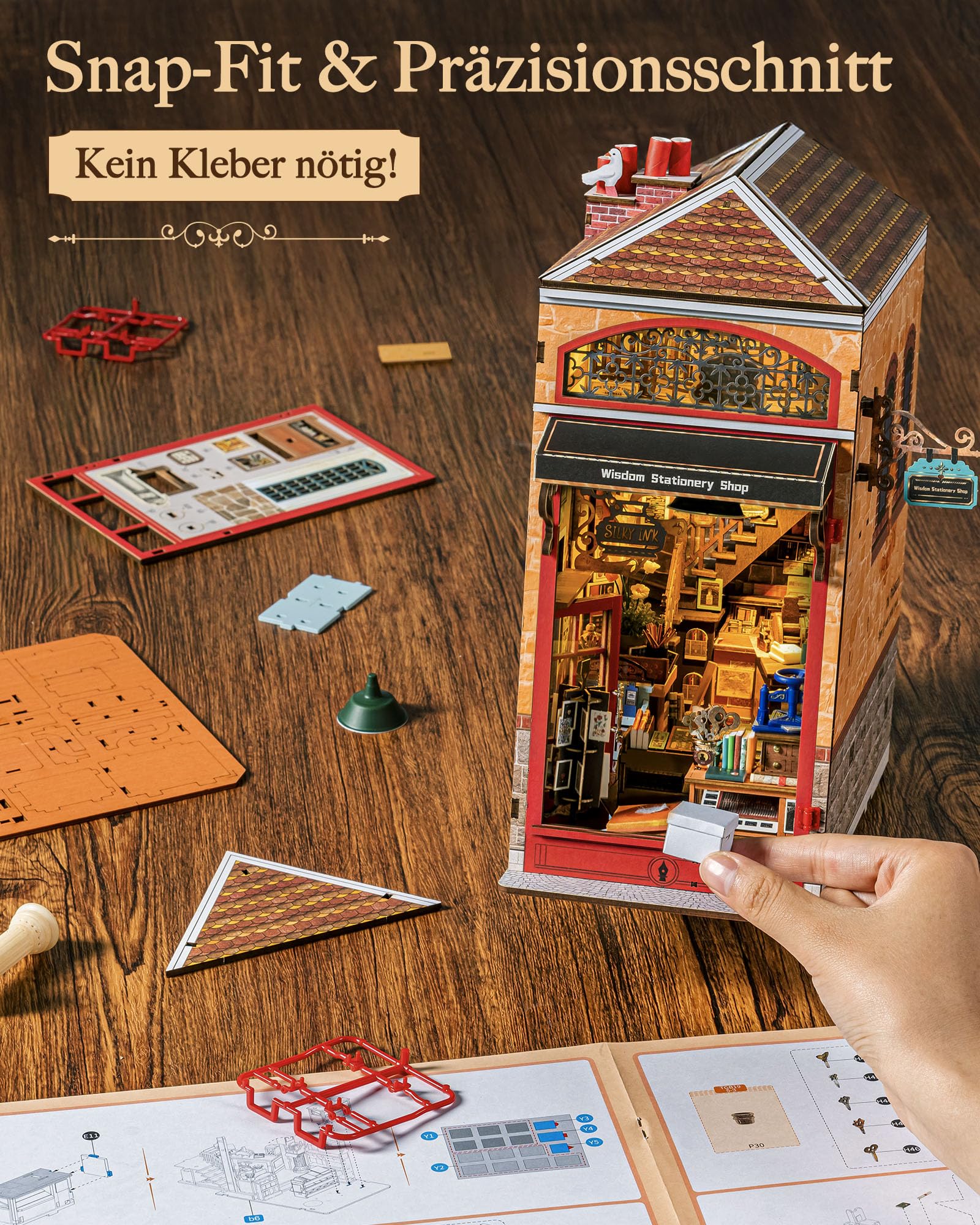 Rolife Wisdom Stationery Shop Book Nook Kit für Erwachsene mit Licht | DIY Miniaturhaus Ohne Kleber, 194-teiliges 3D-Puzzle, Booknook Library Buchstütze Basteln als Haus Dekoration Geschenkidee
