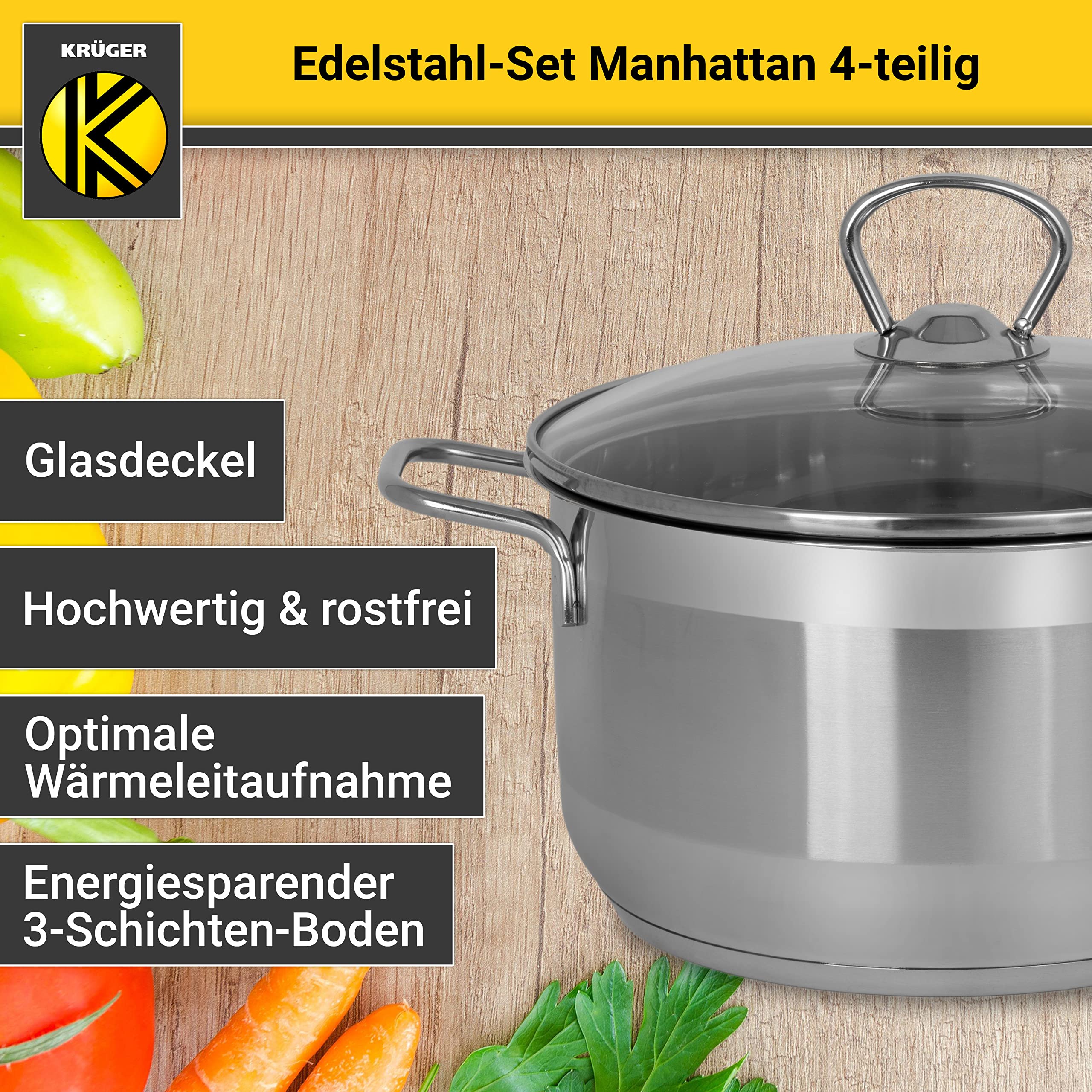 Krüger Edelstahl Topfset Manhattan 4-teilig|3 Töpfe mit Deckel & Stieltopf