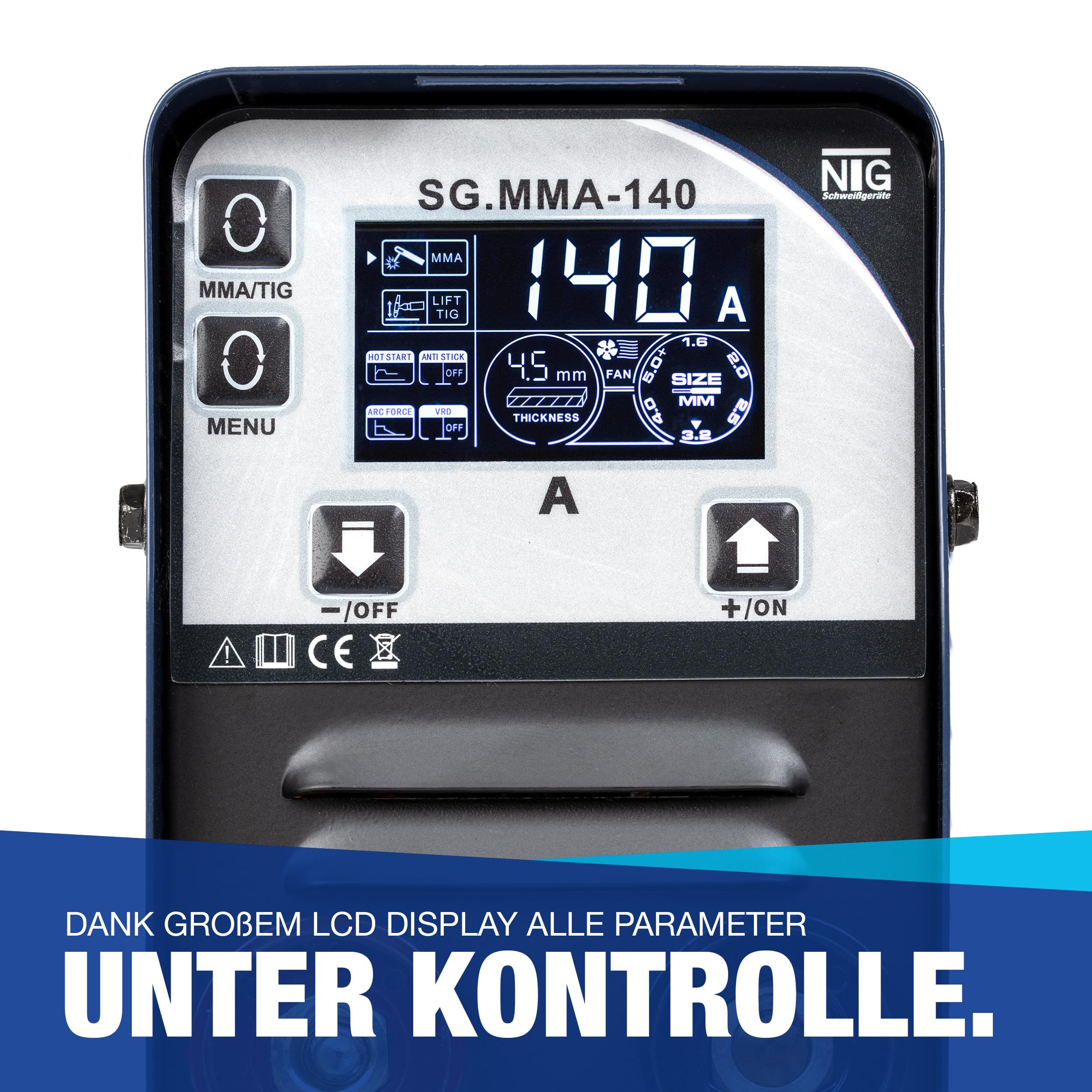 NTG Juego de electrodos de soldadura E-Hand MMA IGBT con pantalla digital de 140 amperios, tecnología IGBT, antiadherencia, arranque en caliente, fuerza de arco + escudo protector