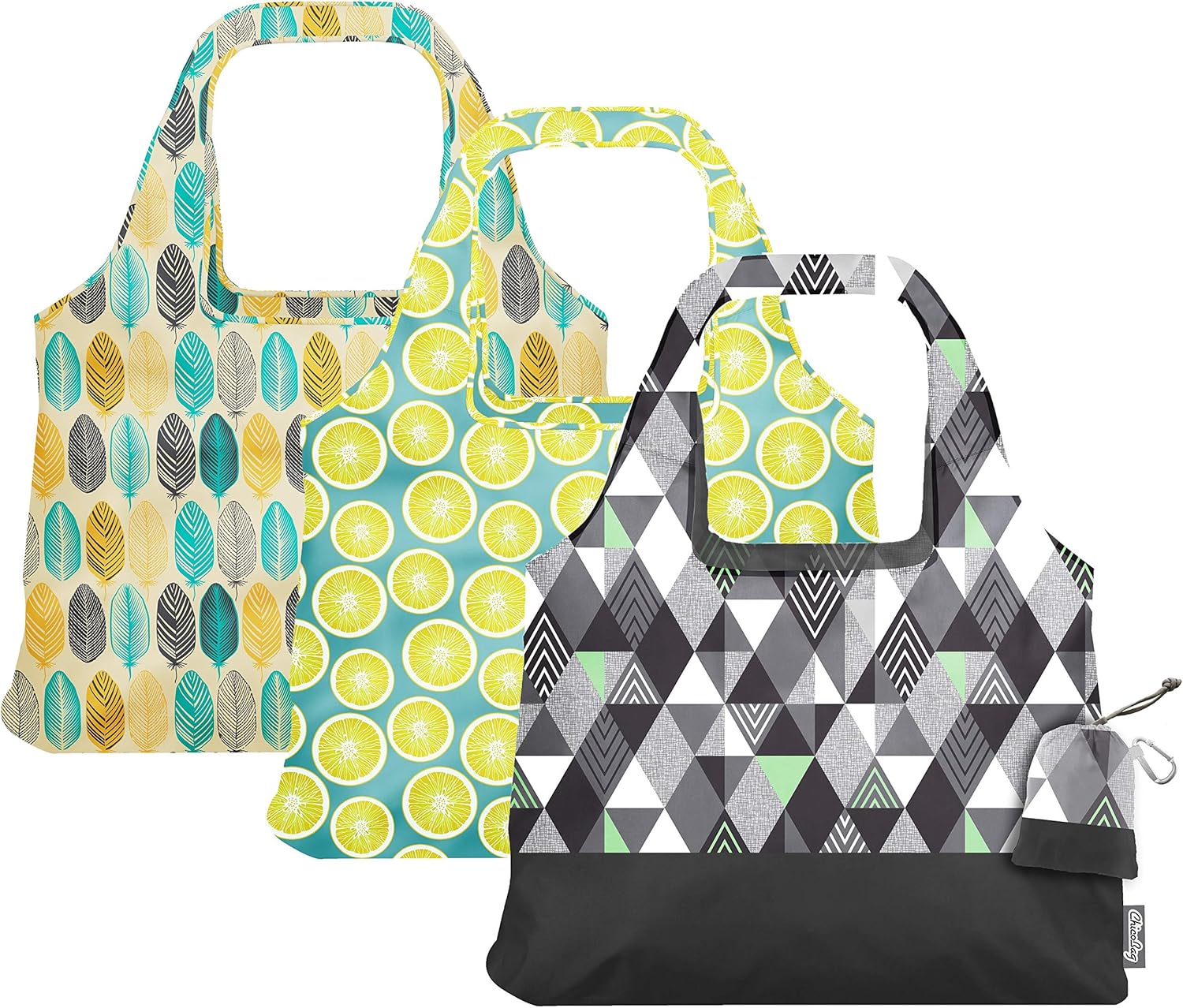 ChicoBag Vita Reusable Bag with Built-in Pouch and Carabiner Clip | Large-Capacity Shoulder Bag | Eco-Conscious Packable Tote | Variety 3pk - Lemon, Feather, & Matrix (Pack of 3)