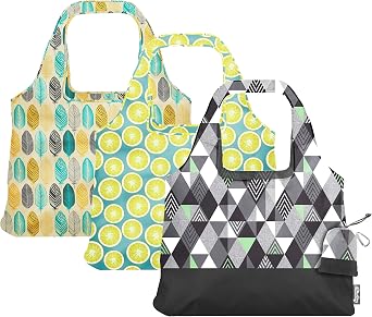 ChicoBag Vita Reusable Bag with Built-in Pouch and Carabiner Clip | Large-Capacity Shoulder Bag | Eco-Conscious Packable Tote | Variety 3pk - Lemon, Feather, Matrix Pack of 3