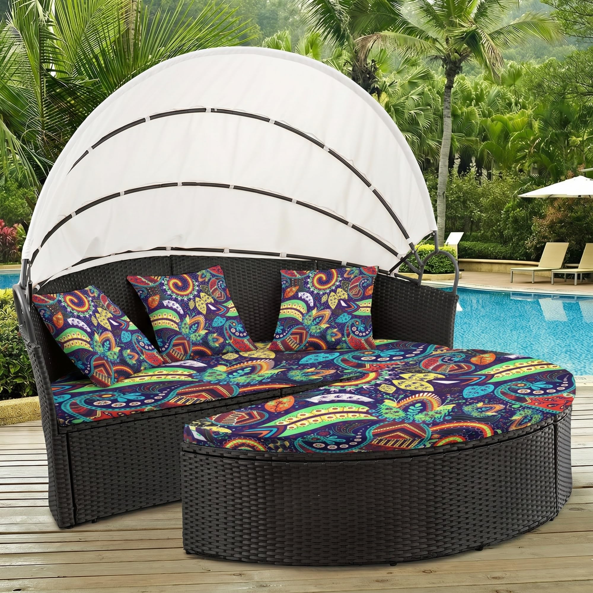 LiveGo Housse de coussin de rechange pour lit de jour d'extérieur de 167,6 cm avec bande élastique, housse de coussin de lit rond d'extérieur (fleur D, 2 housses demi-rondes + 3 housses de coussin)