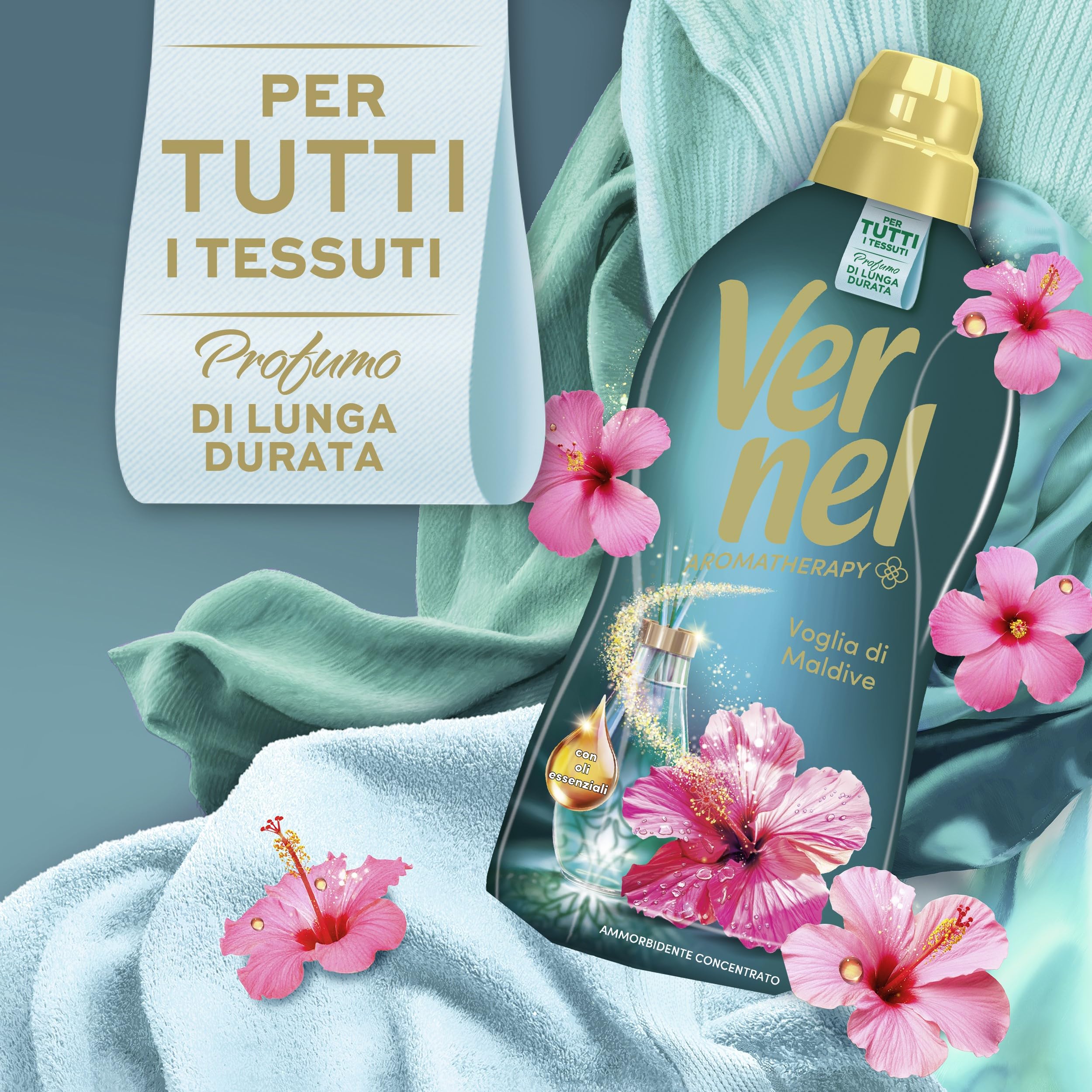 Ammorbidente Concentrato Vernel Aromatherapy Voglia di Maldive (10 x 48 lavaggi), Ammorbidente Concentrato per Tutti i Tessuti, Profumo di Lunga Durata con Oli Essenziali