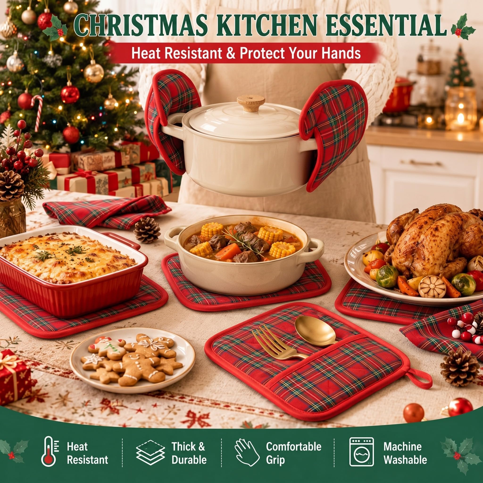 WILLBOND Lot de 12 maniques de Noël avec poche pour cuisine - Résistants à la chaleur - Pour la cuisson (rouge, vichy rouge)