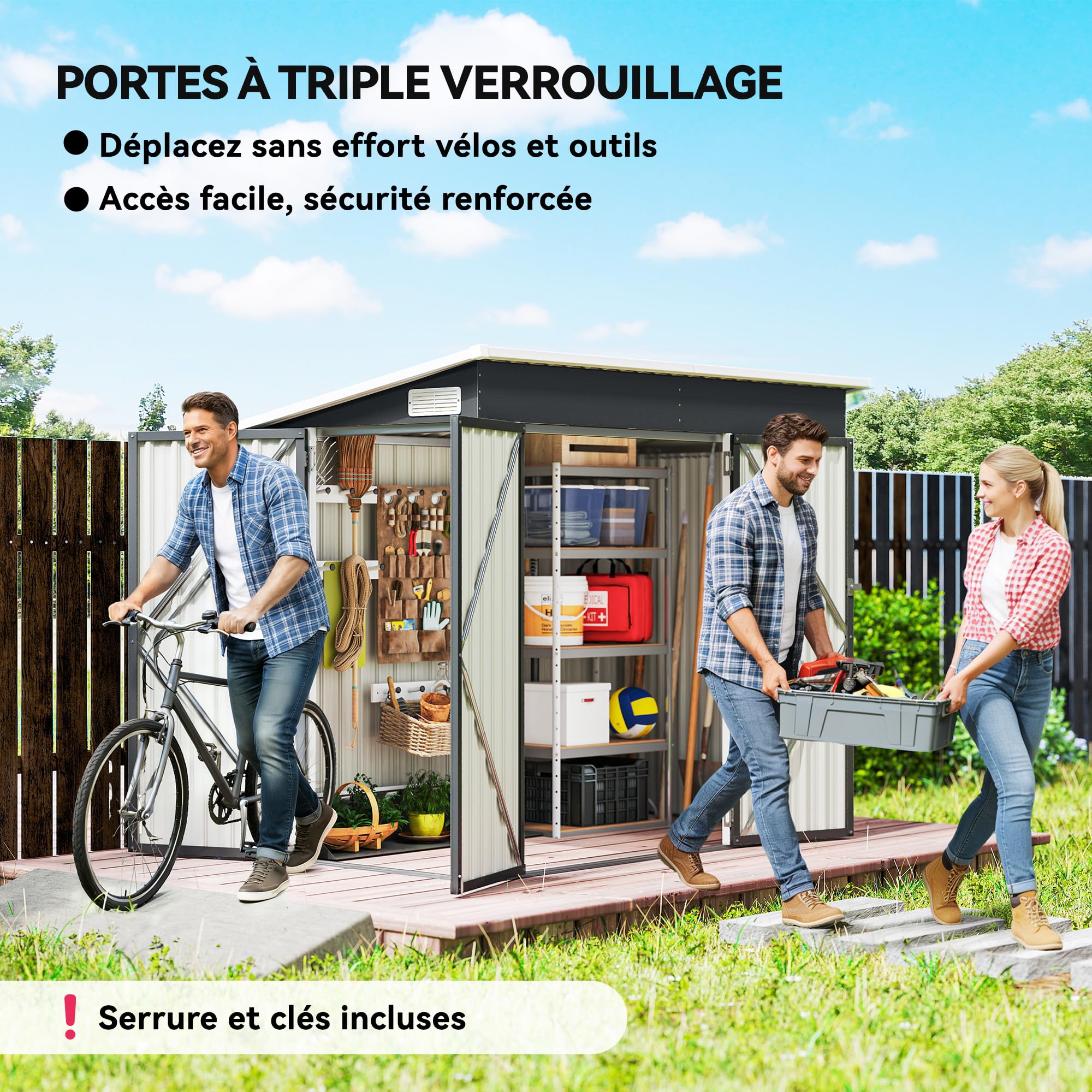Outsunny Abri de Jardin métal 234 x 132 x 185 cm Triple Porte verrouillable Toit incliné Acier galvanisé Gris foncé