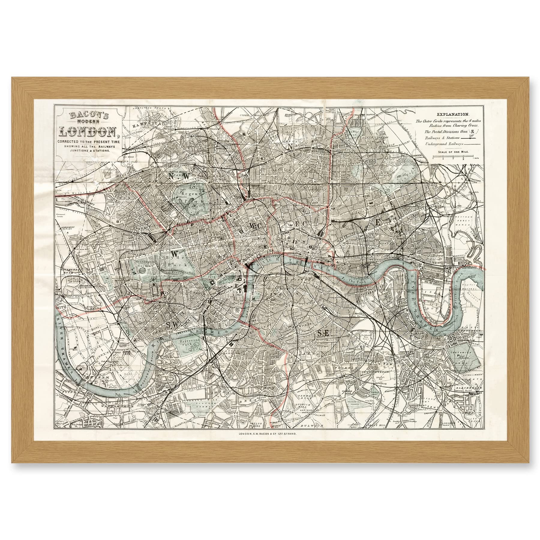 Artery8 Map Bacon 1883 Modern London City England Plan Chart Artwork Framed Wall Art Print A4