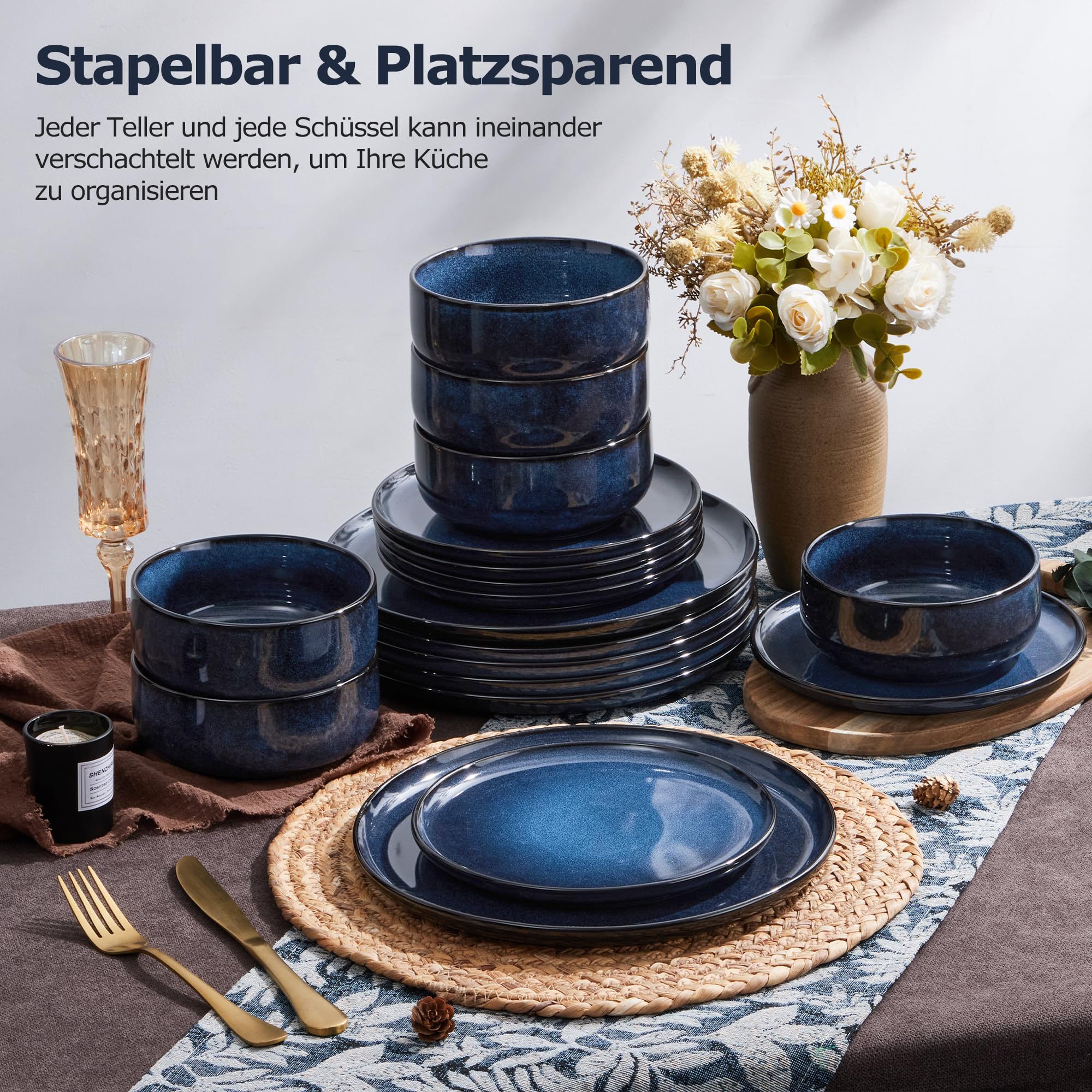 Onader Serviesset voor 6 personen, 18-delig aardewerk, combiservies, 6 platte borden, dessertborden, mueslikommen, vaatwasmachinebestendig, parelbeige