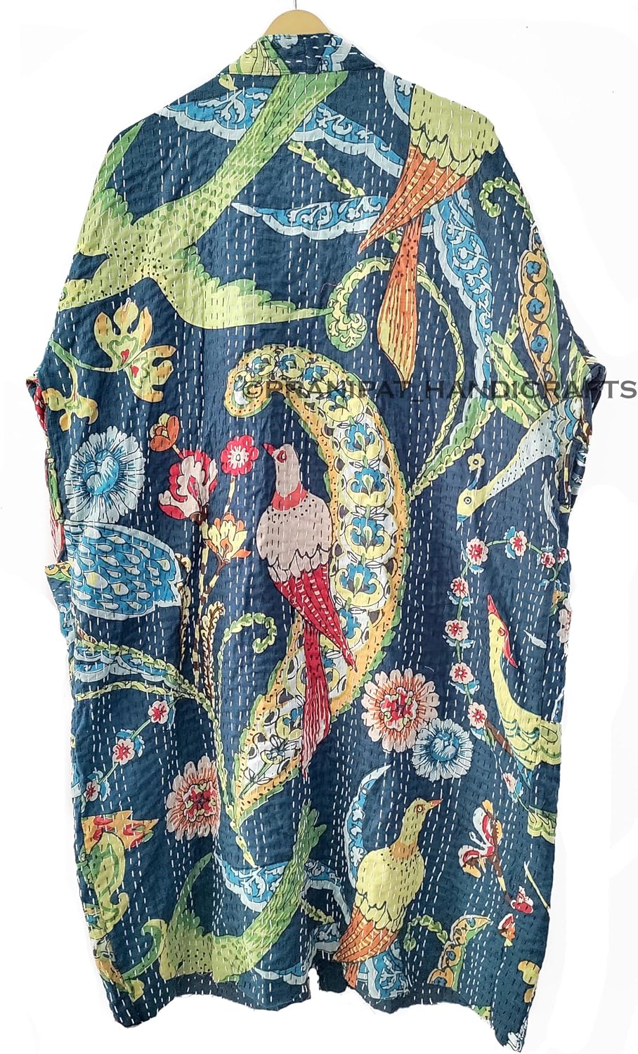 Lightweight Open Front Peacock Print Mid Length Women Free Size Ethnic Cotton Outwear Kantha Jacket
