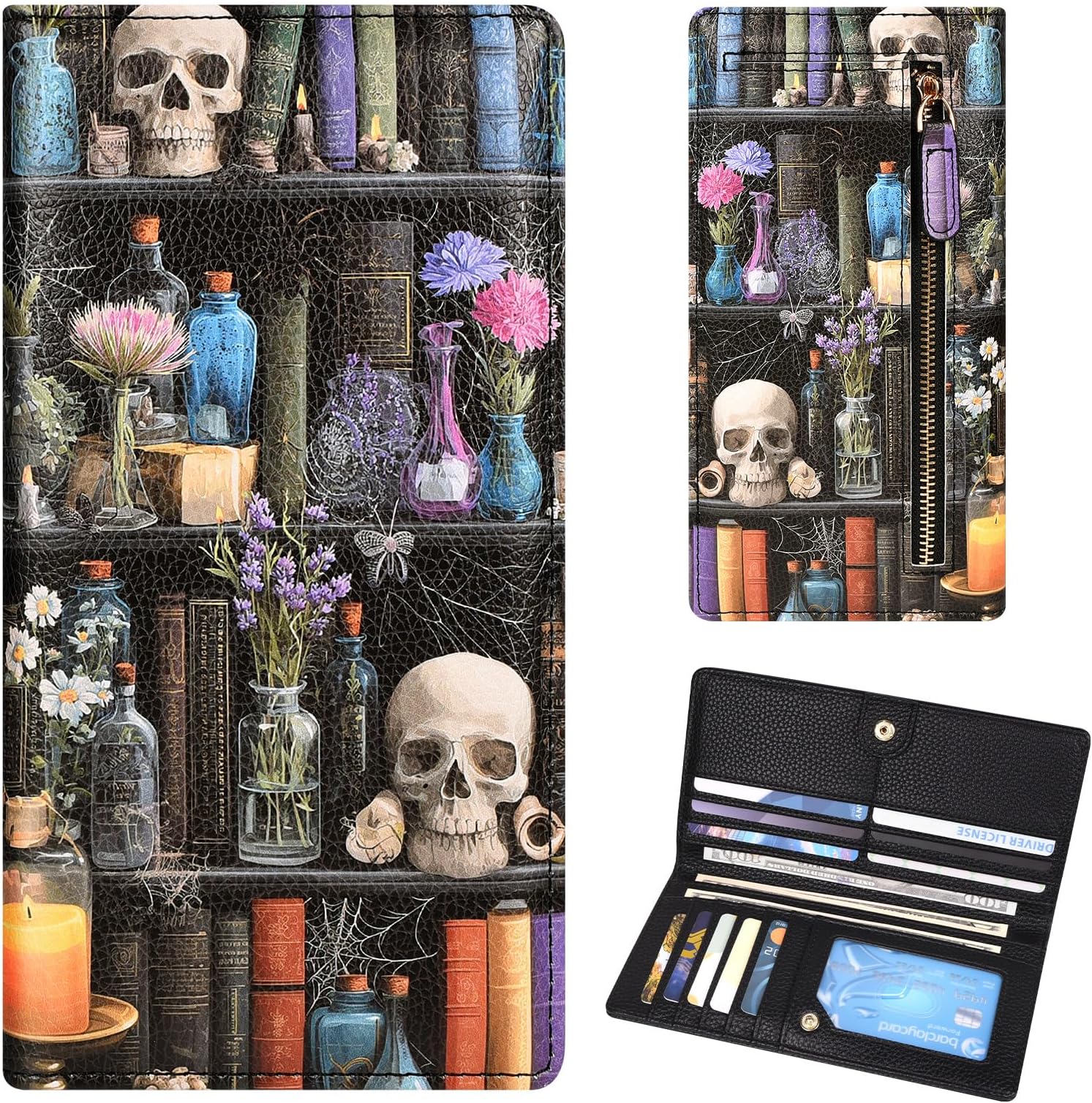 Womens Wallet, Extra Slim RFID Wallets, Leather Bifold Clutch Billfold Purse, with 11 Card Slots & ID Window, Cute Credit Card Holder Purse for Ladies Girls, Bookshelf Skull