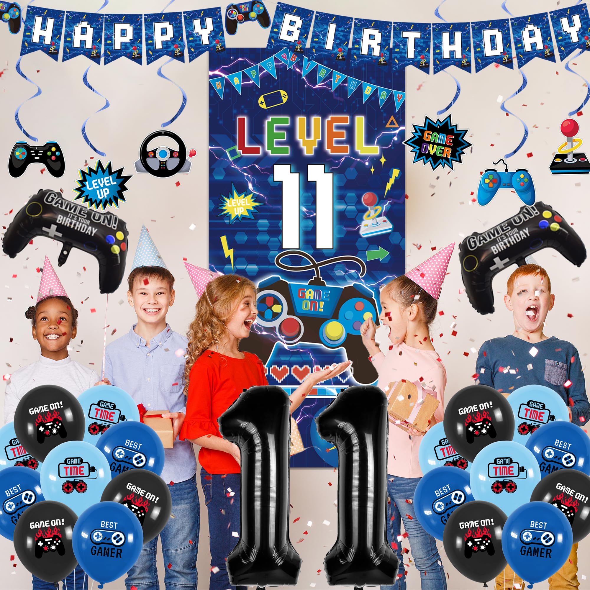 Vlipoeasn Decoraciones azules de cumpleaños número 11 para niños, pancarta de nivel 11 para videojuegos, telón de fondo con remolinos colgantes para fiesta de cumpleaños 11, suministros de fiesta de