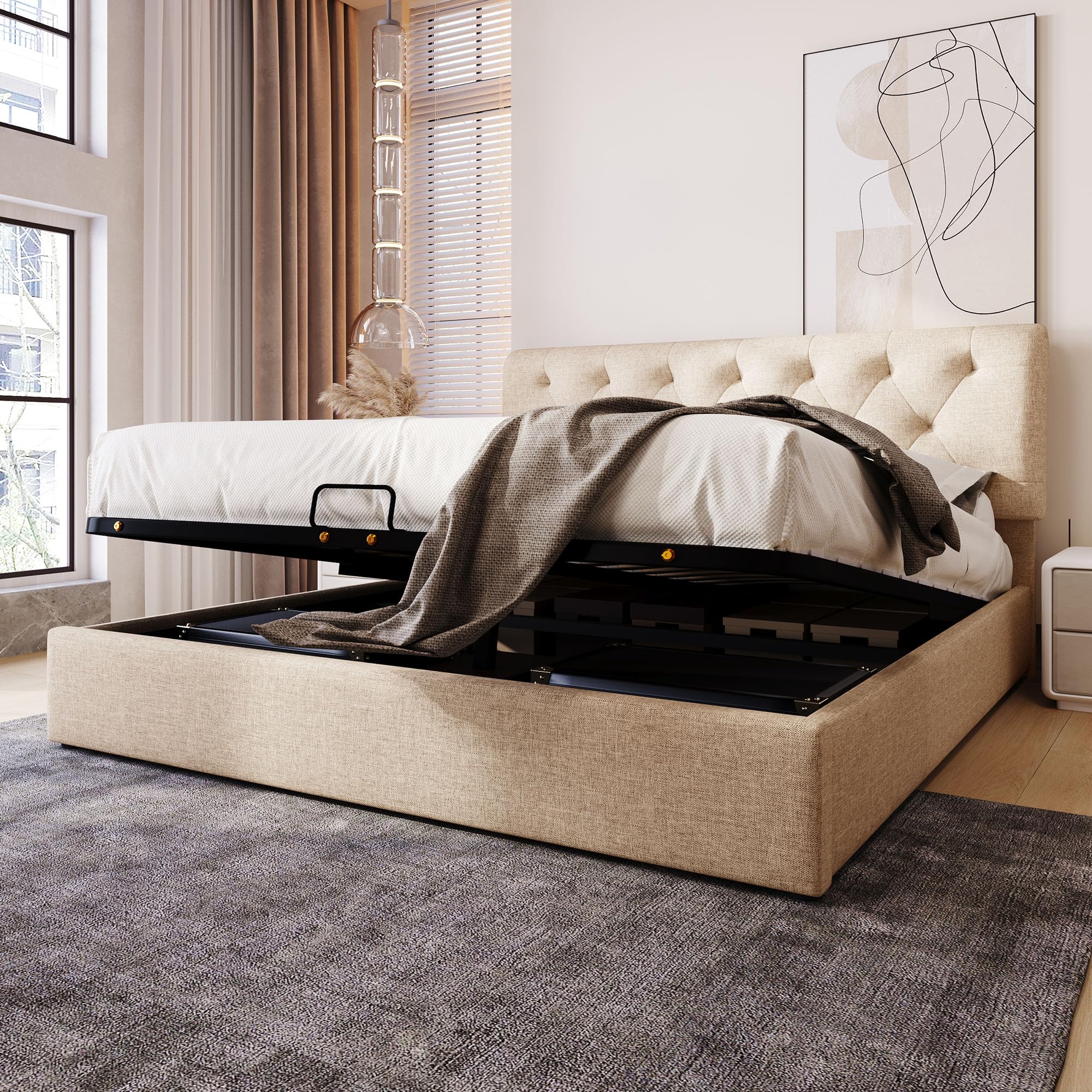 Idemon Letto imbottito idraulico, letto matrimoniale con testiera regolabile, rete a doghe in metallo, cassetta letto (senza materasso) (160 x 200 cm)