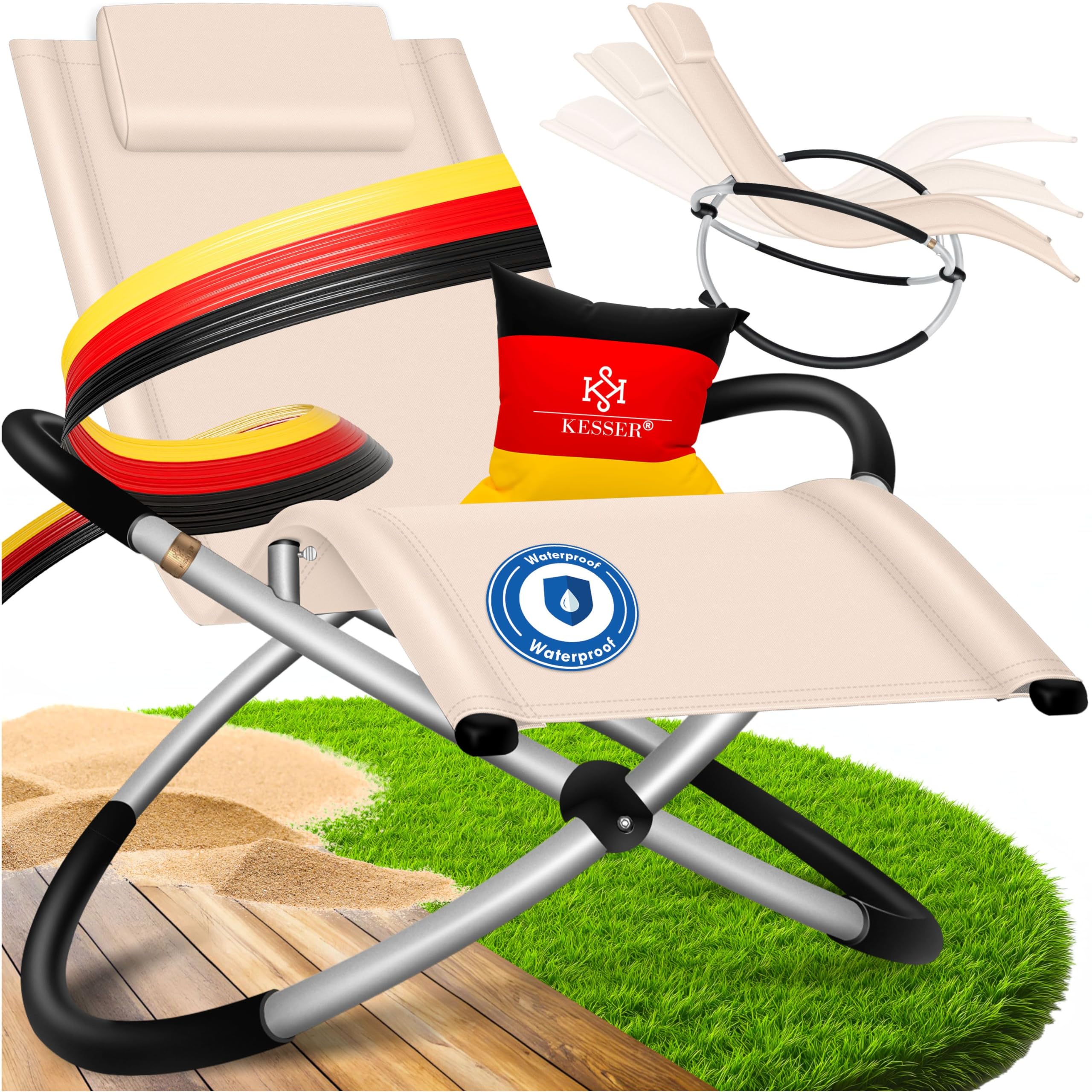 KESSER® Relaxliege Liegestuhl | Gartenliege Sonnenliege | Gartenstuhl | Klappstuhl faltbar | Schwungliege | Schaukelsessel | ergonomische Relaxsessel | wetterfest | 180 kg Belastung, Beige
