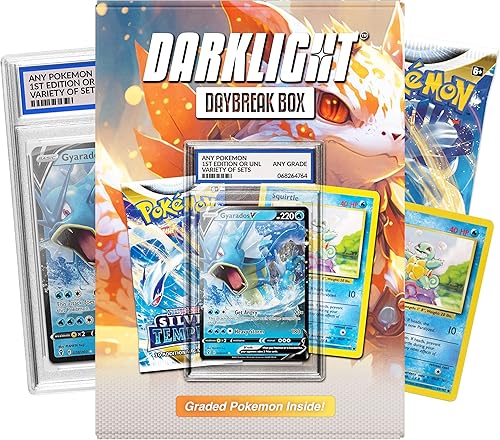 Darklight Daybreak Mystery Box - 1 tarjeta graduada + 1 paquete de refuerzo + 1 tarjeta WOTC vintage - Compatible con tarjetas de Pokémon
