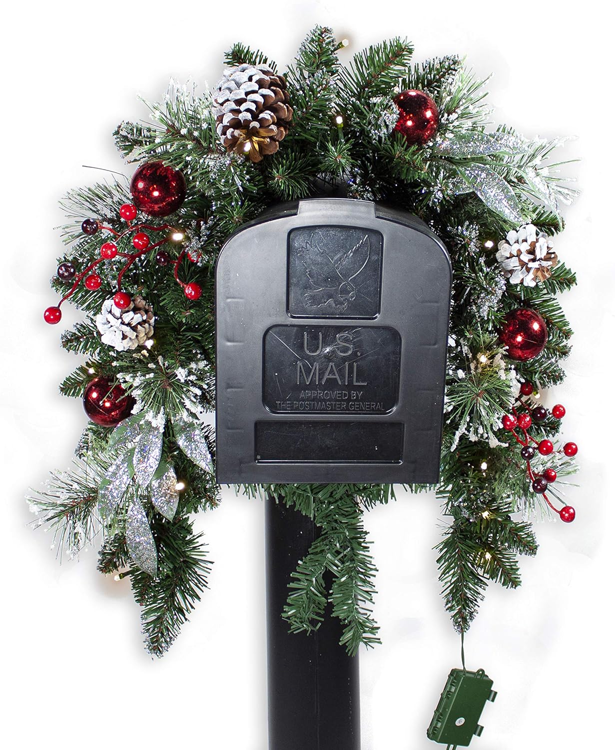 Christmas Mailbox Swag with Snowy Pinecones, Red Ball Ornaments, Silver Leaves and Red Berry Accents - Pre-lit with 20 LED Lights - 36 Inch Length