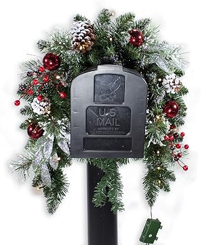 Christmas Mailbox Swag with Snowy Pinecones, Red Ball Ornaments, Silver Leaves and Red Berry Accents - Pre-lit with 20 LED Lights - 36 Inch Length