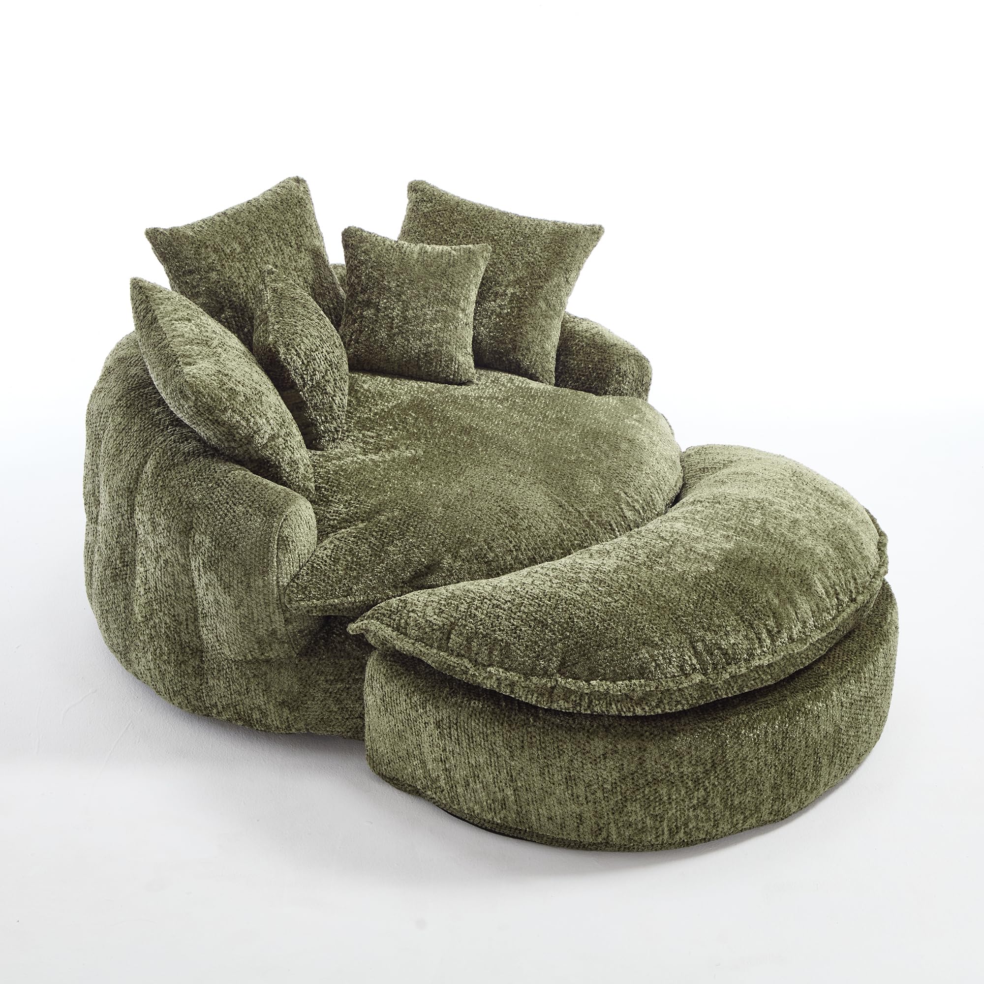 Wrofly 81.1" W Oversized Round Chaise Lounge, Fluffy Lazy Bean Bag Sofa with 14 Pillows, Comfy Chenille Upholstered Barrel Sleeper Bed, Modern Deep Seat Cloud Couch for Living Room, Beige: 66.9'' Green