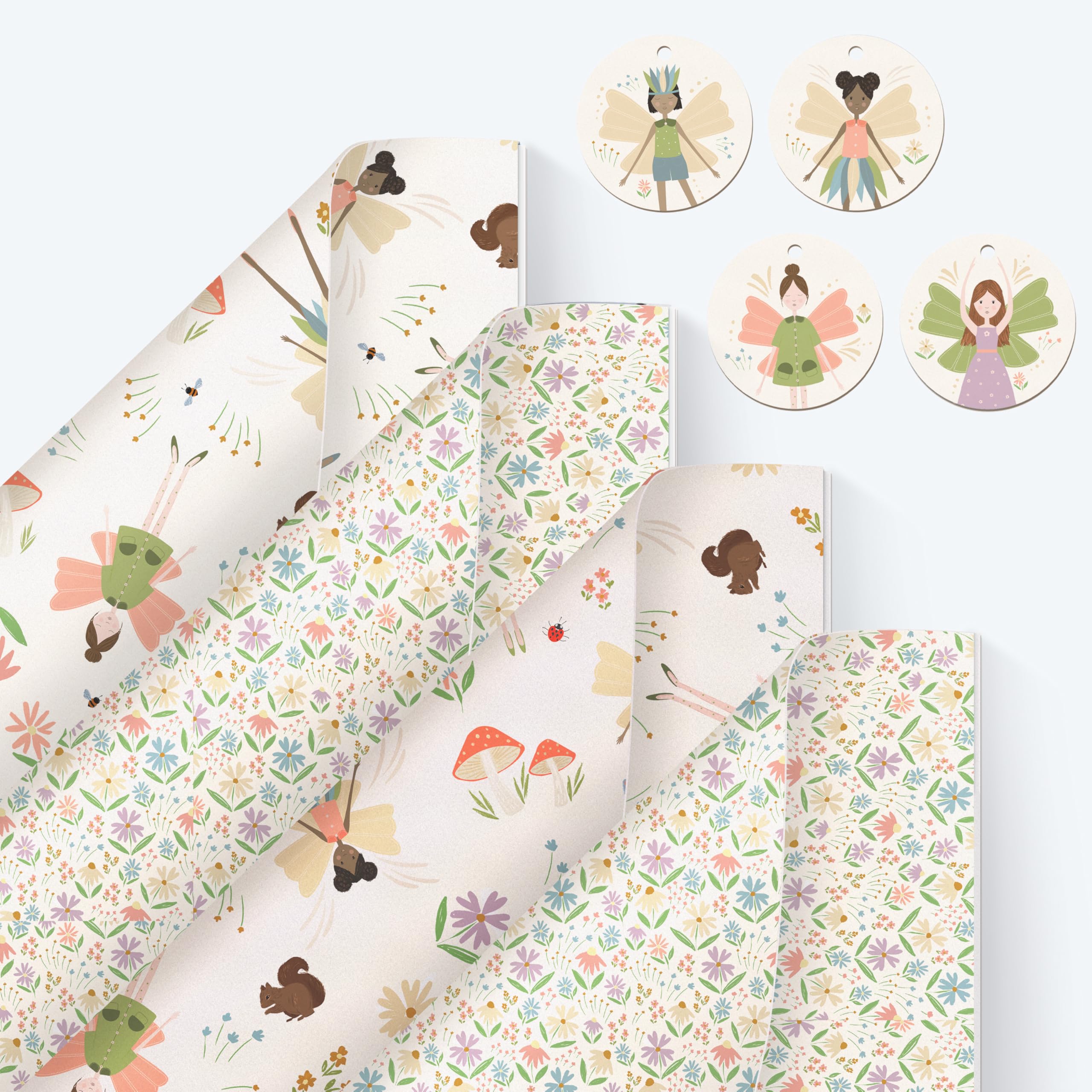 Cheerland Flower Fairy Birthday Gift Wrap Woodland Fairy Wrapping Paper With Tags for Girls Baby Shower Girl Mushroom Baby Bloom Enchanted Fantasy