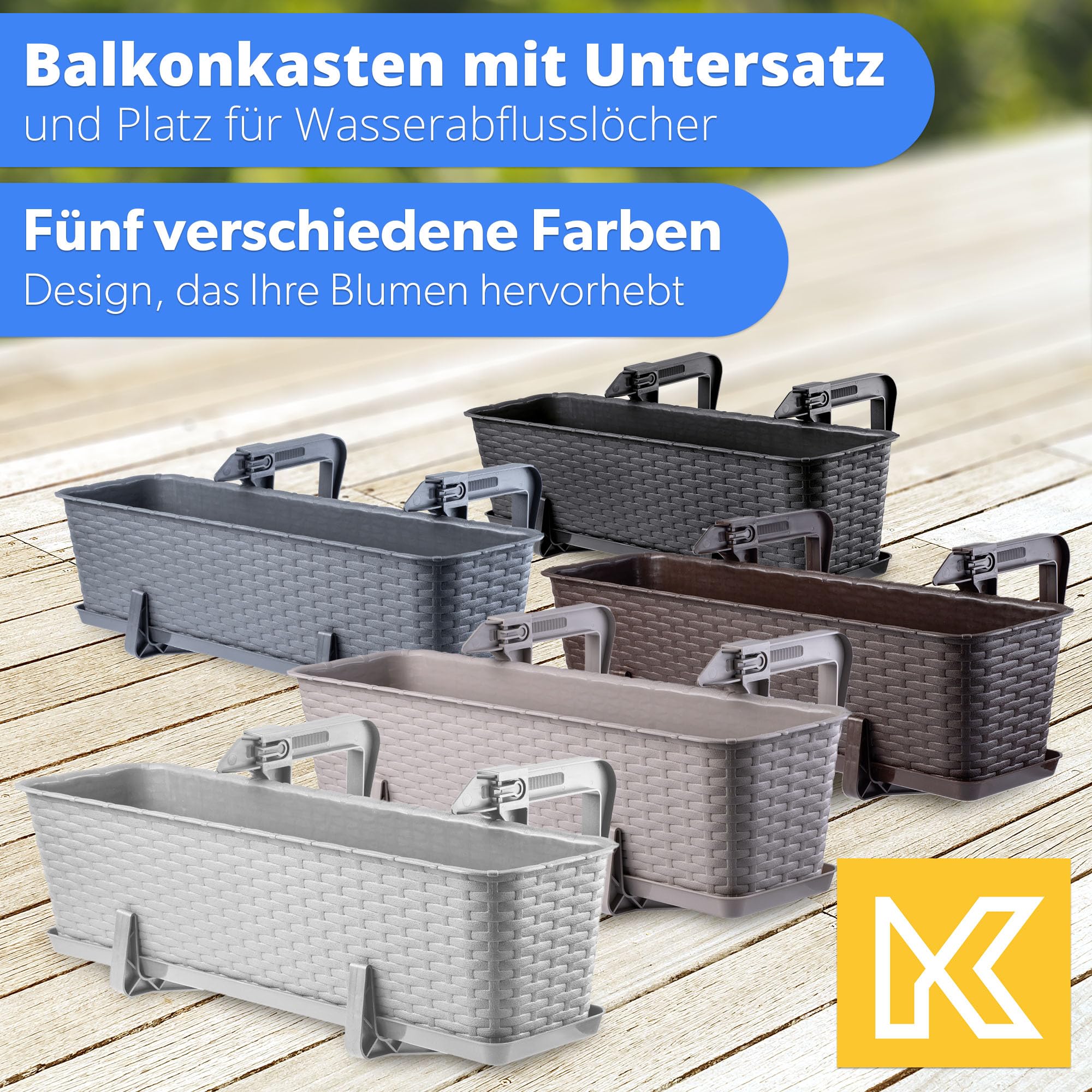 KADAX Blumenkasten 60 cm, ca. 12L Anthrazit mit Halterungen & Untersetzer, Rattan-Optik – Pflanzkübel für Balkon oder Terrasse, robuster Balkonkasten