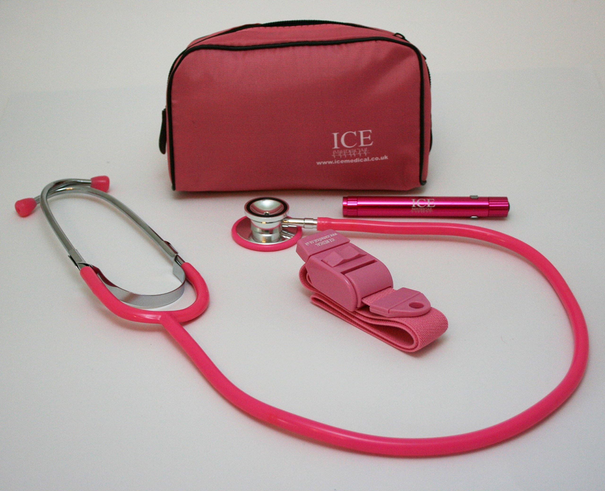 Pink LED Medical Pen Light/Pen Torch Stethoscope and Tourniquet in a Pink Bag