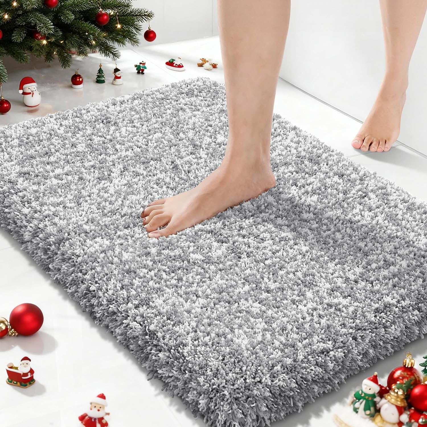 yimobra bathroom rugs non slip washable, ultra soft and water absorbent bath mats, plush fluffy shower mat outside, microfiber thick matts for bathroom floor/sink, 24x17, light gray and white light gray and white 17" x 24"