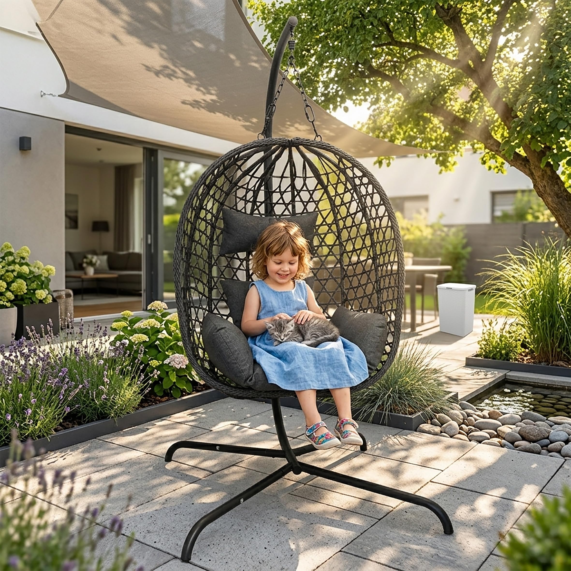 Poltrona sospesa per esterni, con telaio e supporto, 194 cm, antracite, in polyrattan, con cuscino per interni ed esterni, da giardino, in vimini, imbottita, resistente alle intemperie