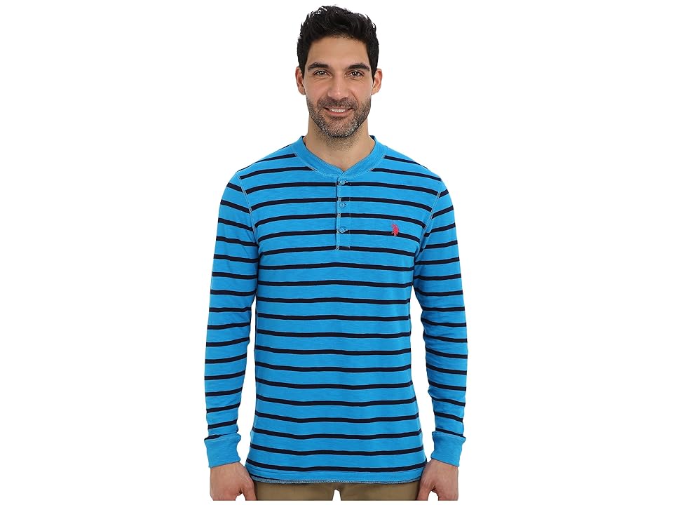 

U.S. POLO ASSN. Slim Fit Long Sleeve Slub Henley w/ Stripes (Teal Blue) Men's Long Sleeve Pullover