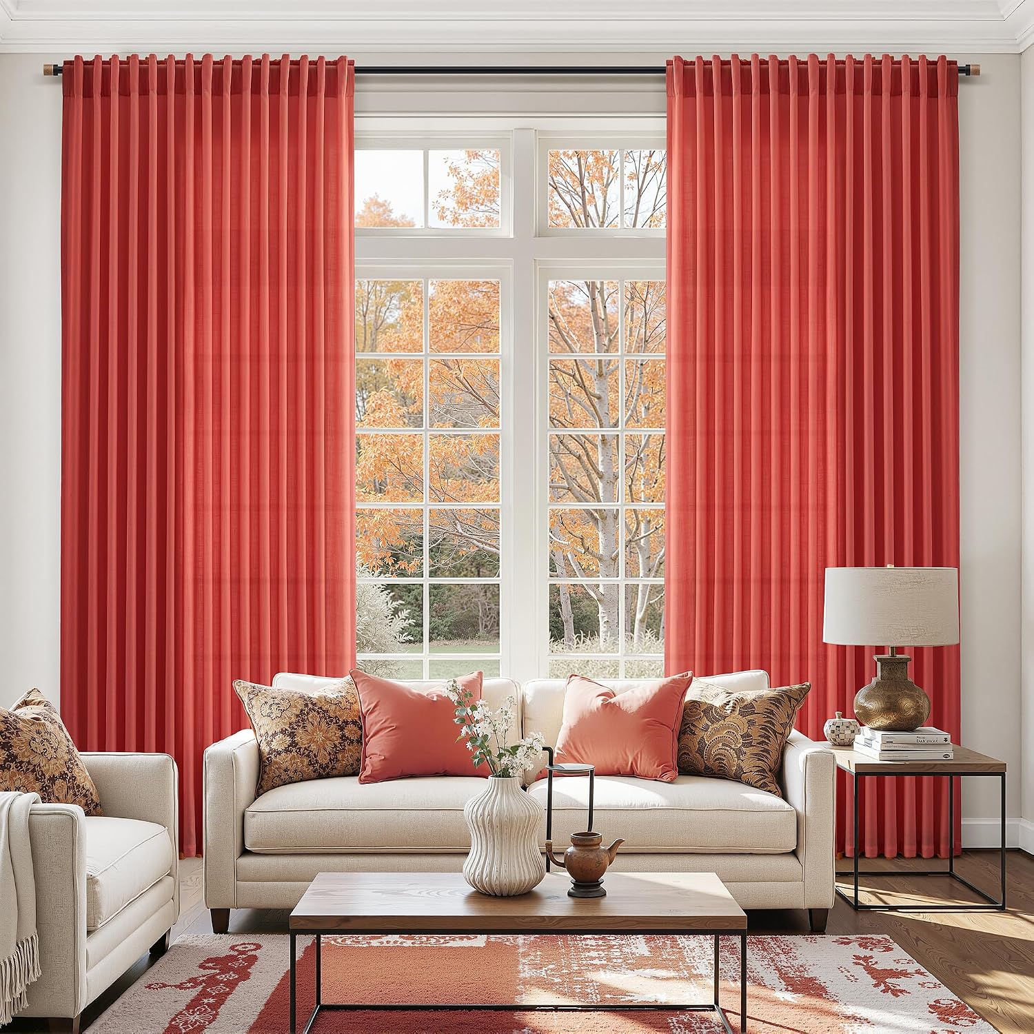 Christmas Red Linen Curtains 63 Inch Length for Living Room Light Filtering Semi Sheer Curtain Back Tab and Rod Pocket Vintage Rustic Luxury Home Decor Neutral Drapes for Bedroom 52x63, 2 Panels thumbnail