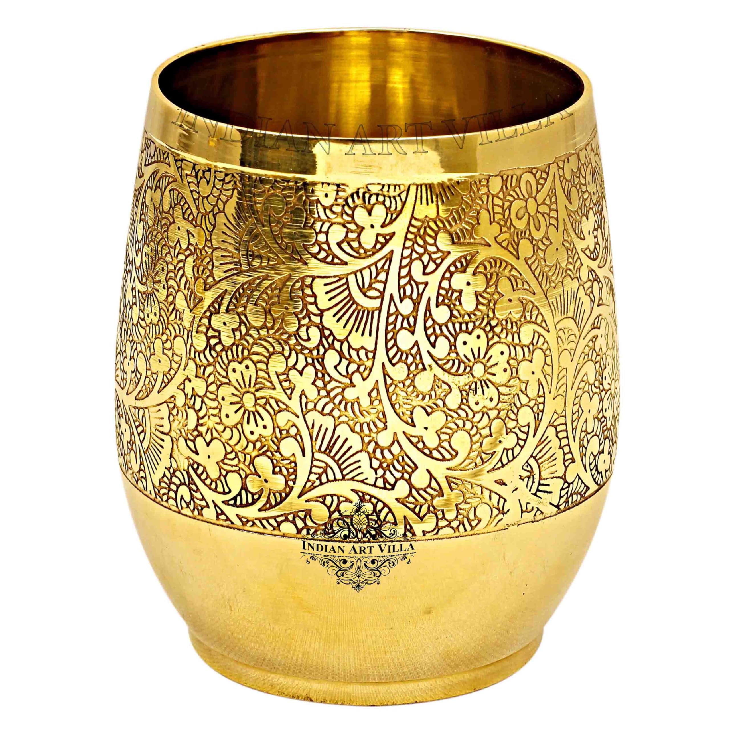 Indian Art Villa Pure brass tumbler glass with Embossed flower design Brass Water Tumbler Drinkware Serveware Volume-10 Set