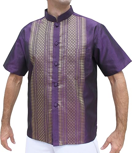 RaanPahMuang Short Sleeve Formal Chinese Woven Motif Silk Shirt, 4X-Large, Viole
