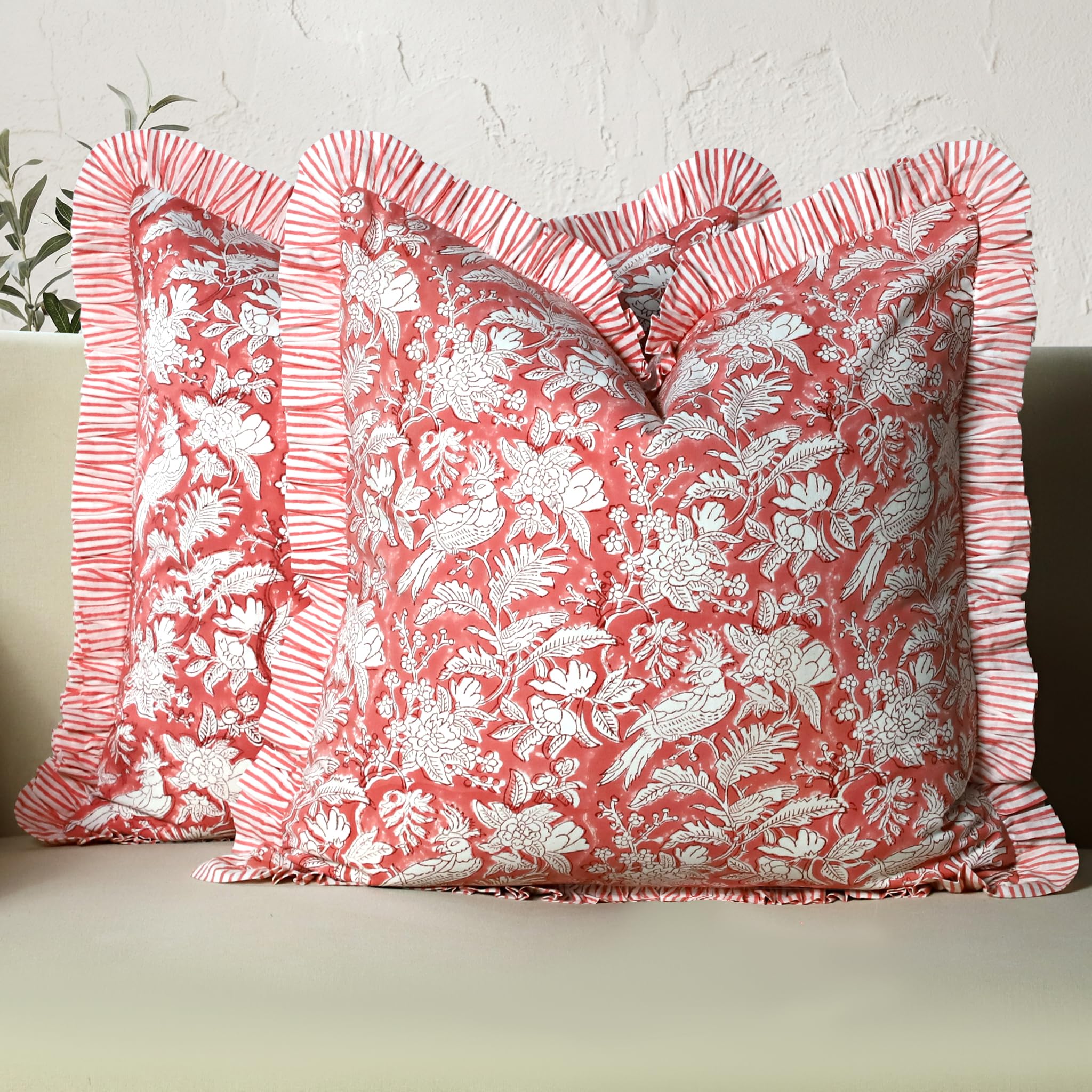 CPC Pink Coral Ruffle Throw Pillow Covers for Couch, 18x18 Inch Cotton Stripe Ruffle Couch Pillows for Living Room, Hidden 14 Inch Zipper Boho Pillow Case or Cute Outdoor Pillows