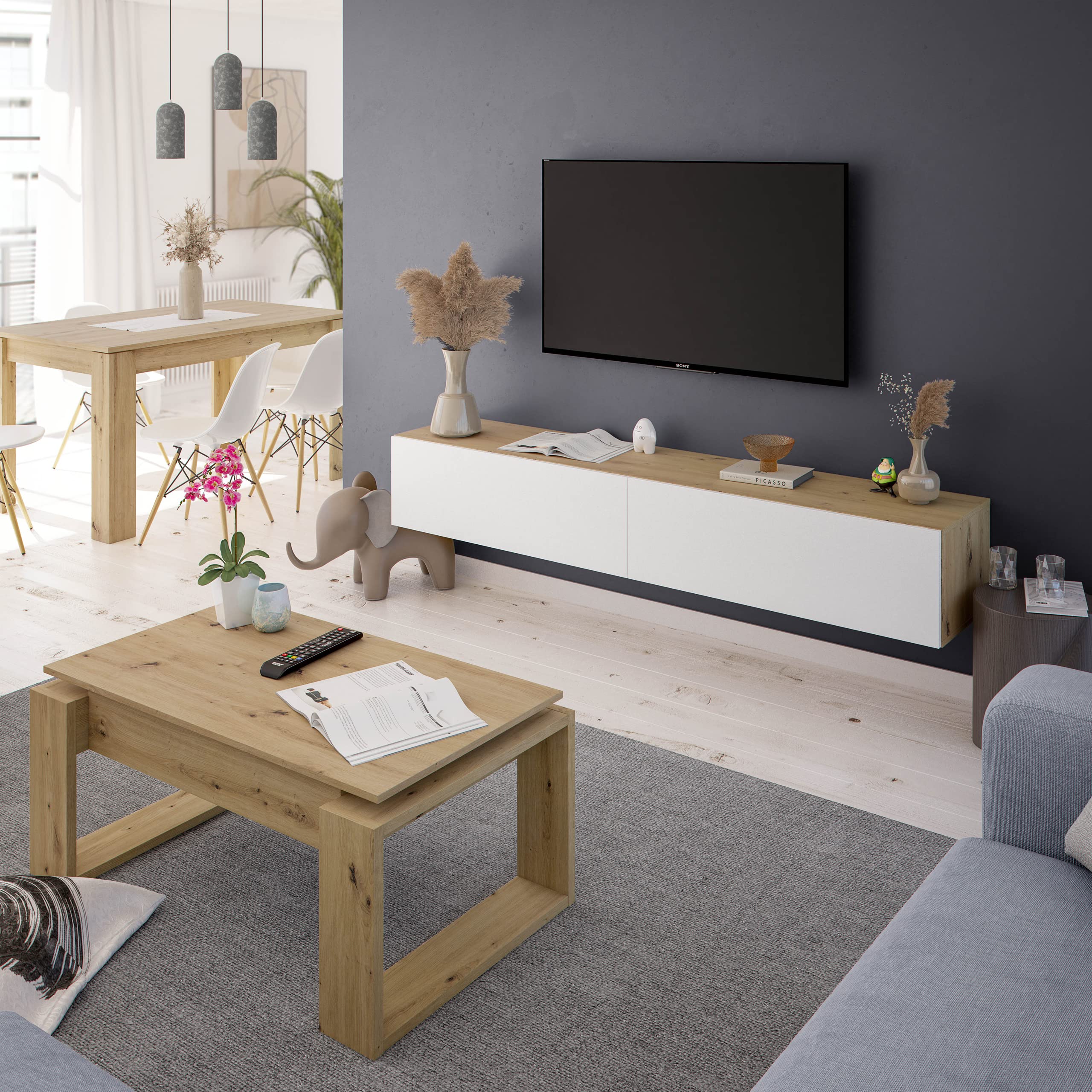 Homely - Mueble de TV de diseño Moderno de Pared KAWAY, Tablero de partículas melaminizado Color Blanco artik y Roble nodi, de 180x34,5x28 cm