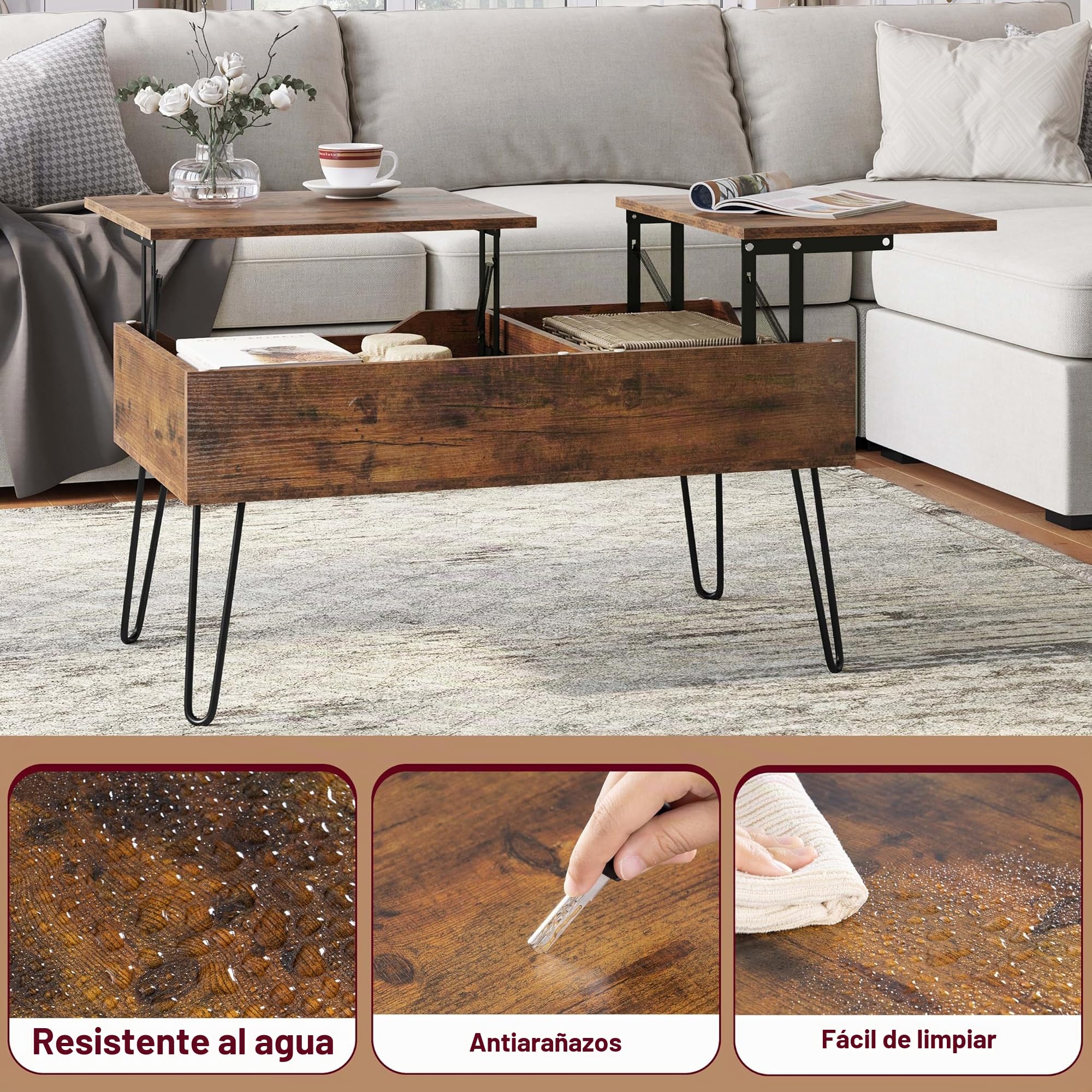WOLTU Mesa de Centro Elevable y Extensible, Mesita Salón con Espacio Interno, Sofá Auxiliar con Patas Metálicas, Marrón Vintage, BTS14shm
