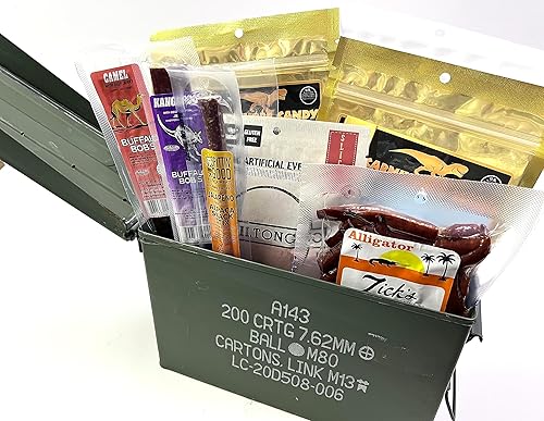 Jerky Dynasty Exotic & Gourmet Jerky Survivor's Kit en una lata de munición  Piezas enteras y palos de primera calidad para camping, senderismo,
