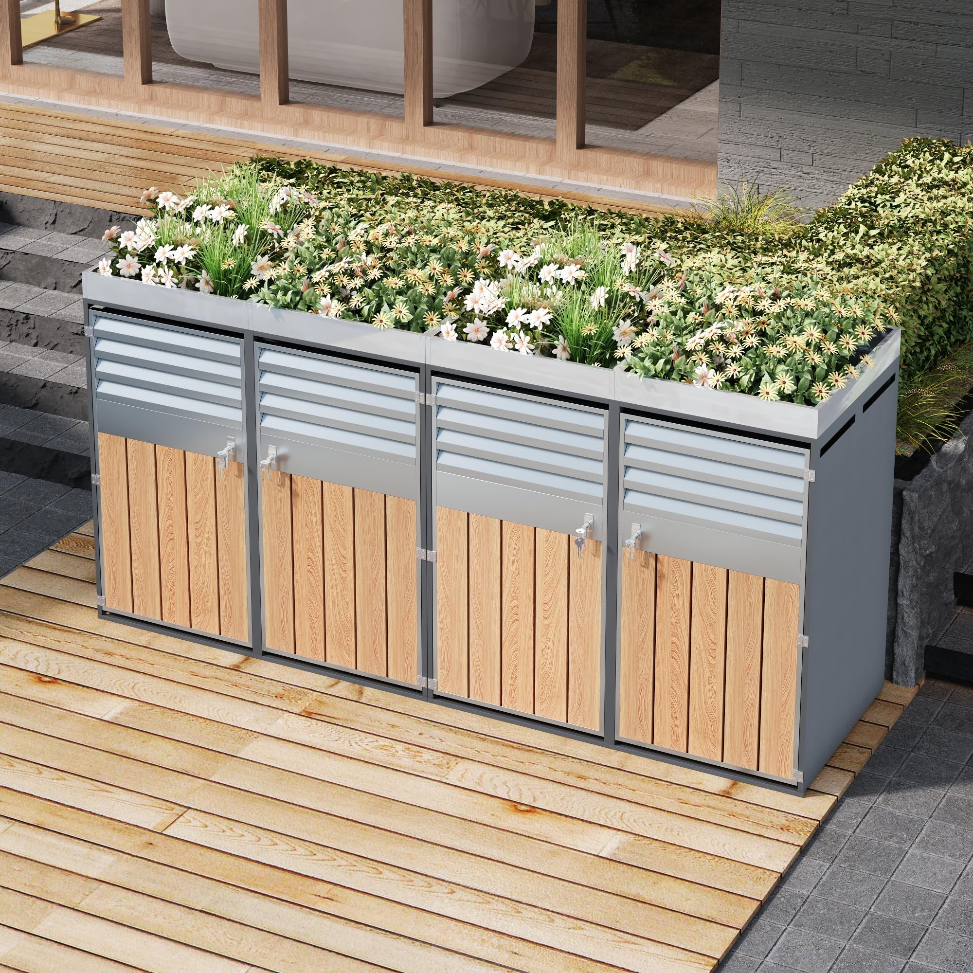 Merax Mülltonnenbox 4er mit Pflanzdach, Abschließbarer Mülltonnenschrank aus verzinktem Stahl, Mülltonnenverkleidung mit Lüftungsöffnung & Lamellen,Viertüriges Türen, für Garten & Terrasse