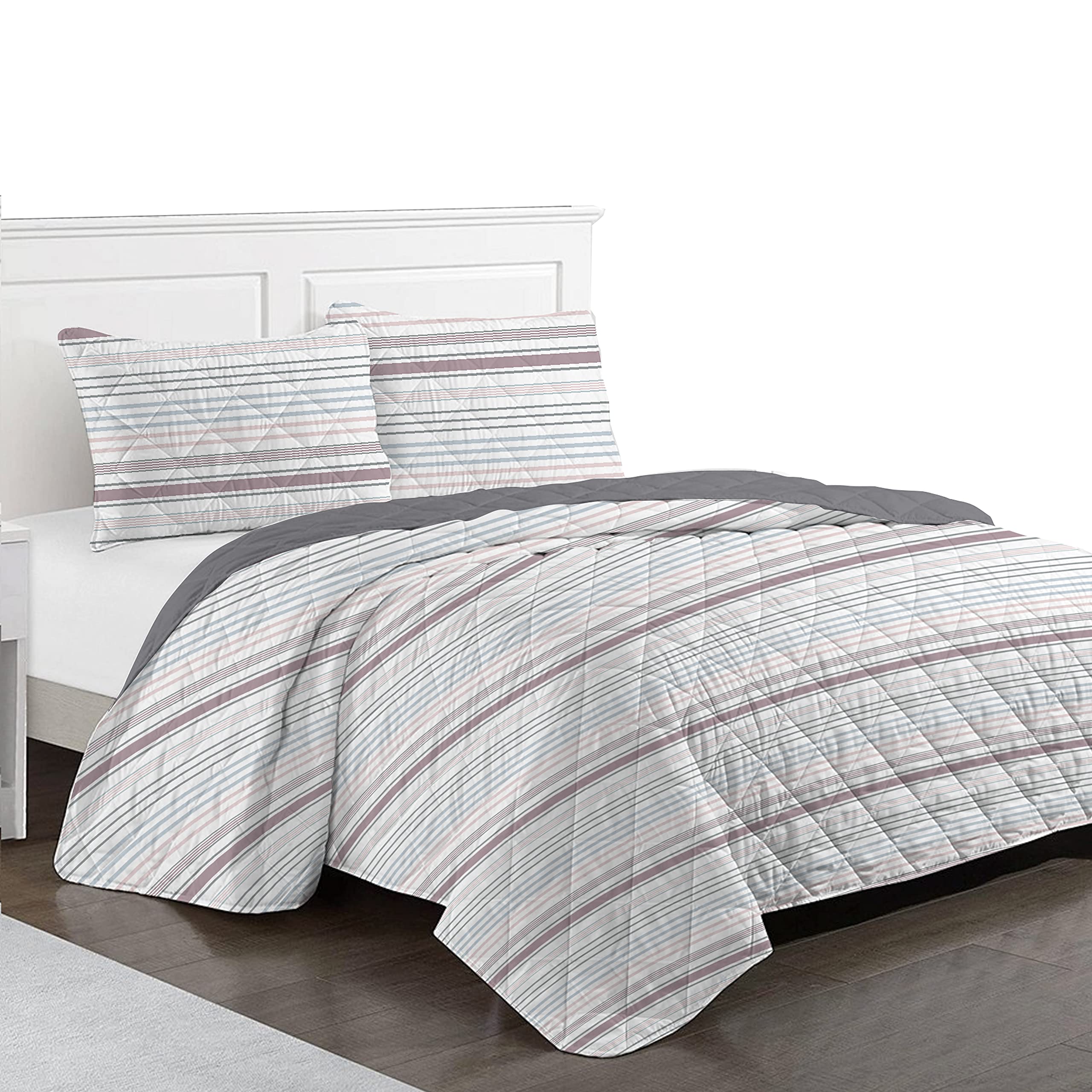 Hedaya Home Striped Quilt Set Reversible Bedding Ultra Soft All-Season Bedspread with Blue and Maroon Stripes Multicolor Striped Pattern Unisex, Children's Modern Bedding Set (King, 3-Piece)