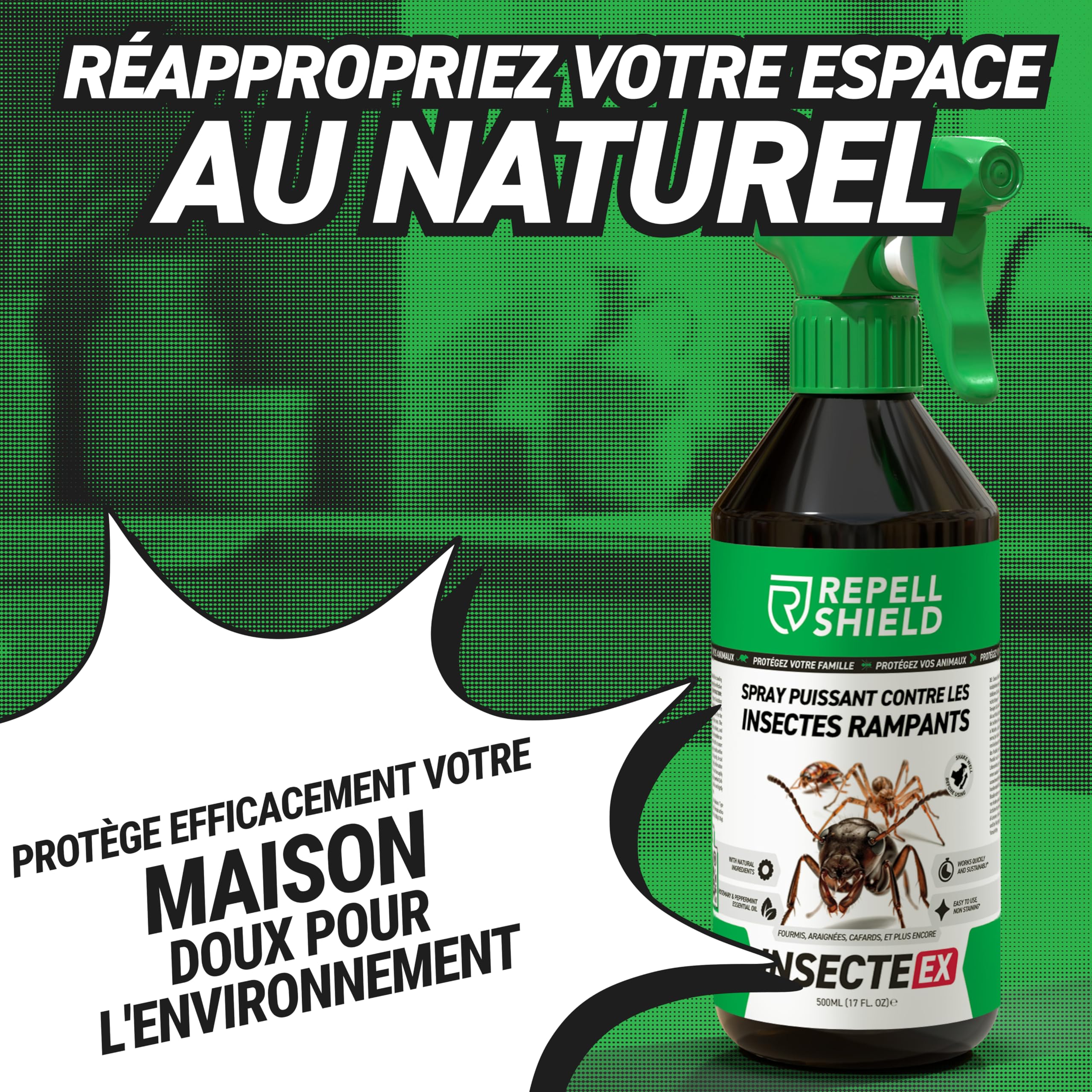 RepellShield® Barrage aux Insectes Rampants -0,5L- Prêt à l'Emploi - Non Tachant, Parfum Naturel Botanique - Usage Intérieur & Extérieur - Barrière à Insectes Multi-Usage aux Huiles Essentielles