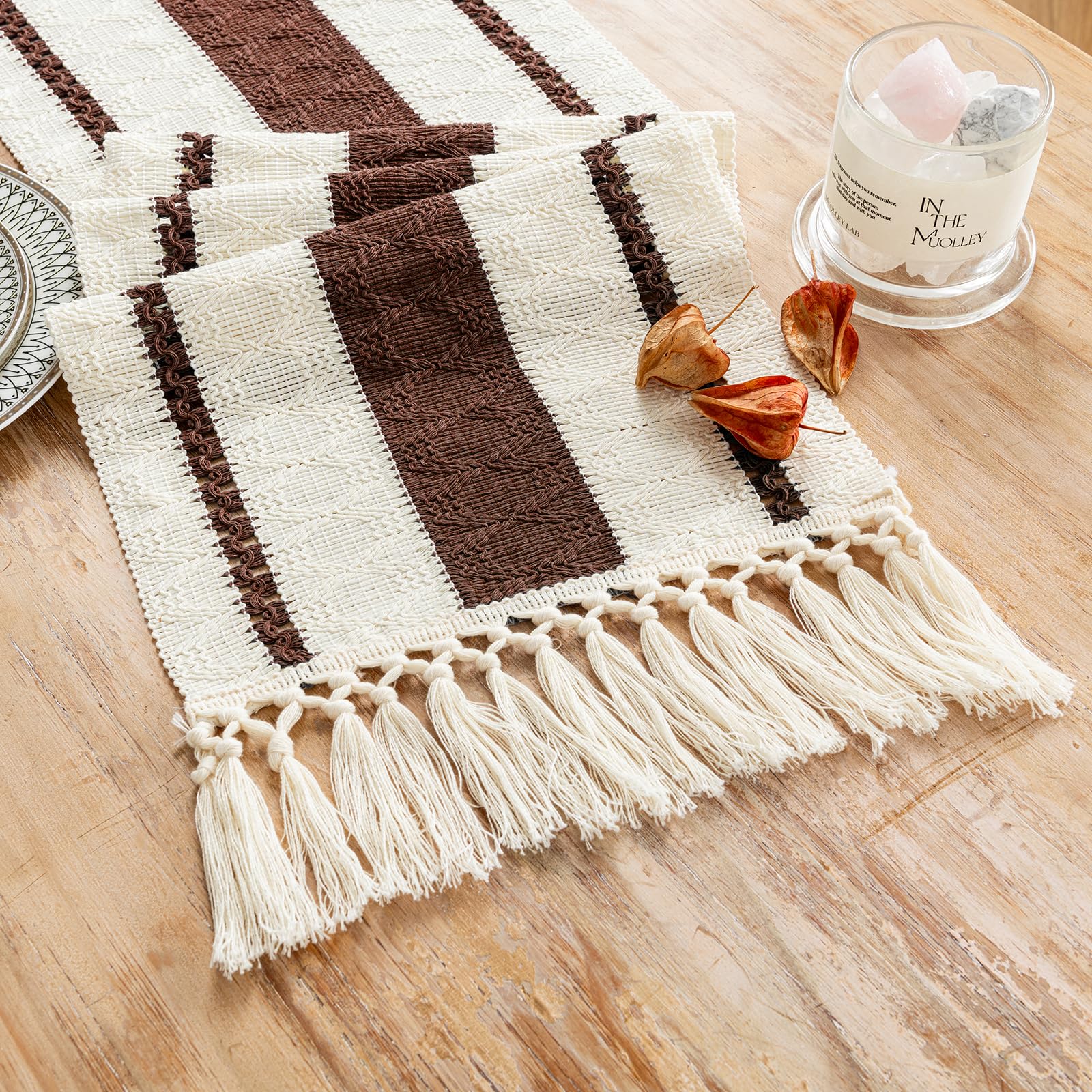 Fancy Homi Brown Table Runner 90 Inches Long Boho Macrame Table Runner for Home Decor, Farmhouse Table Runners with Tassels for Party Bohemian Rustic