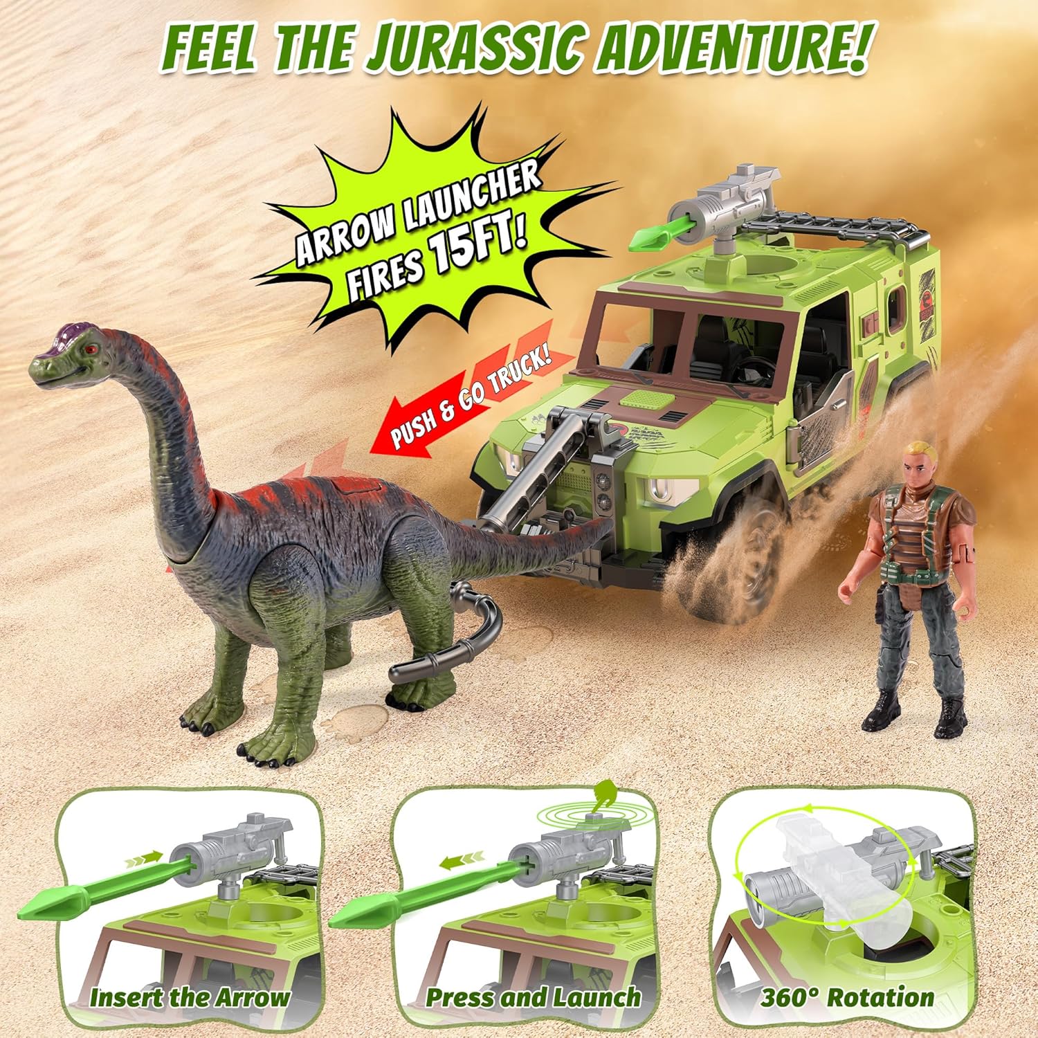 EKU Dinosaur Toys Capture Truck with Human, 10 Realistic Sounds, 15ft Launch, Wide Mouth Fork, Head Movable Brachiosaurus Dino for Jurassic World Role Play Adventure Rescue Birthday Gift for Kids 3+