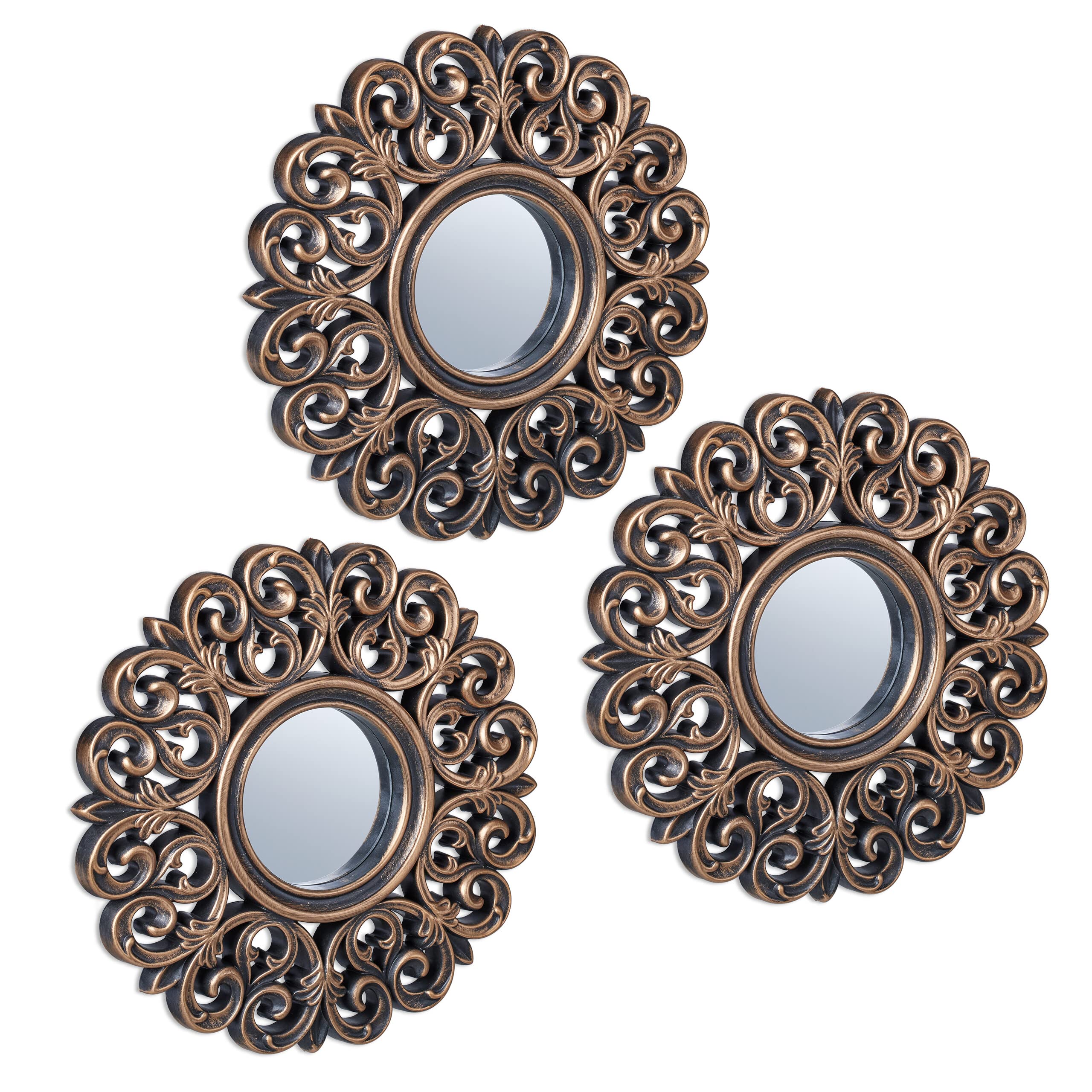 Relaxdays Juego Espejos Pared Set 3 Arabescos Barrocos, Decorativos, Salón, Pasillo, 25 cm Ø, Marcos Plástico, Bronce y Negro, 25 x 2 cm Aprox