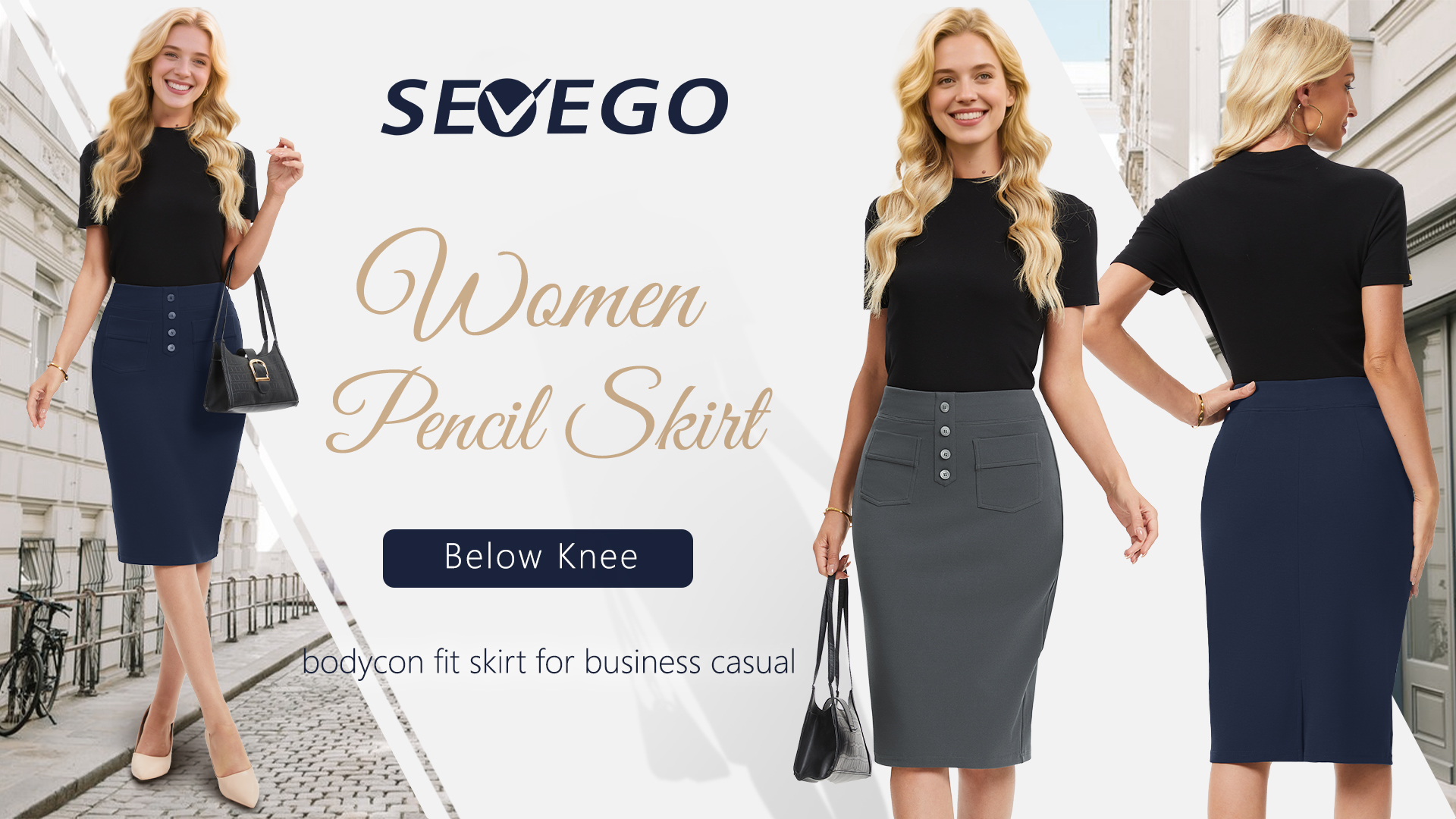 SEVEGO Women's Pencil Skirt Stretch High Waist Below Knee Bodycon