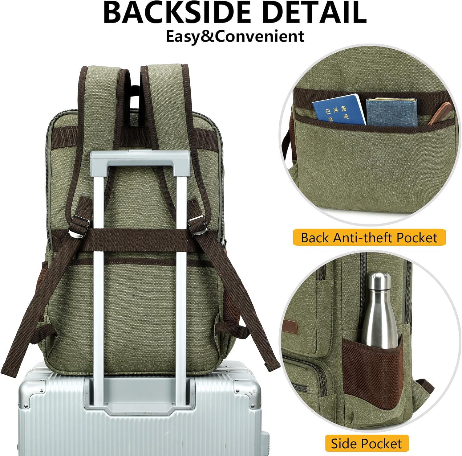 Canvas Laptop Backpack for Men Women,Durable Travel Work Business Rucksack Bookbags Fits 15.6 Inch Notebook & Laptops,College Backpacks Computer Bag Weekender Hiking Daypack(Green) - Image 5