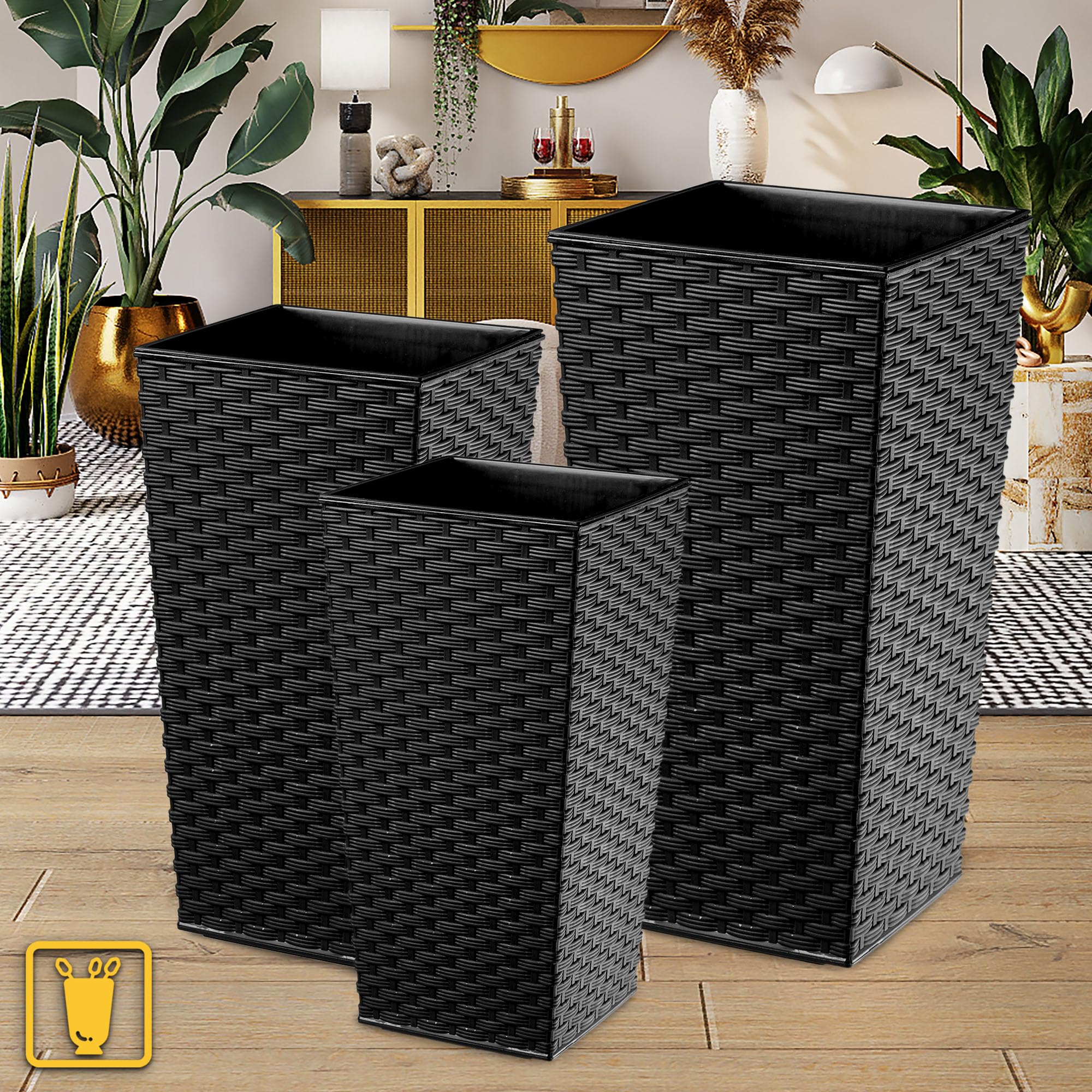 KADAX Zestaw 3 Donic z Wkładem wys. 36/46,5/57,5 cm, ok. 43L łącznie, Czarny rattan Rattan odporne na warunki atmosferyczne do Wewnątrz i na Zewnątrz