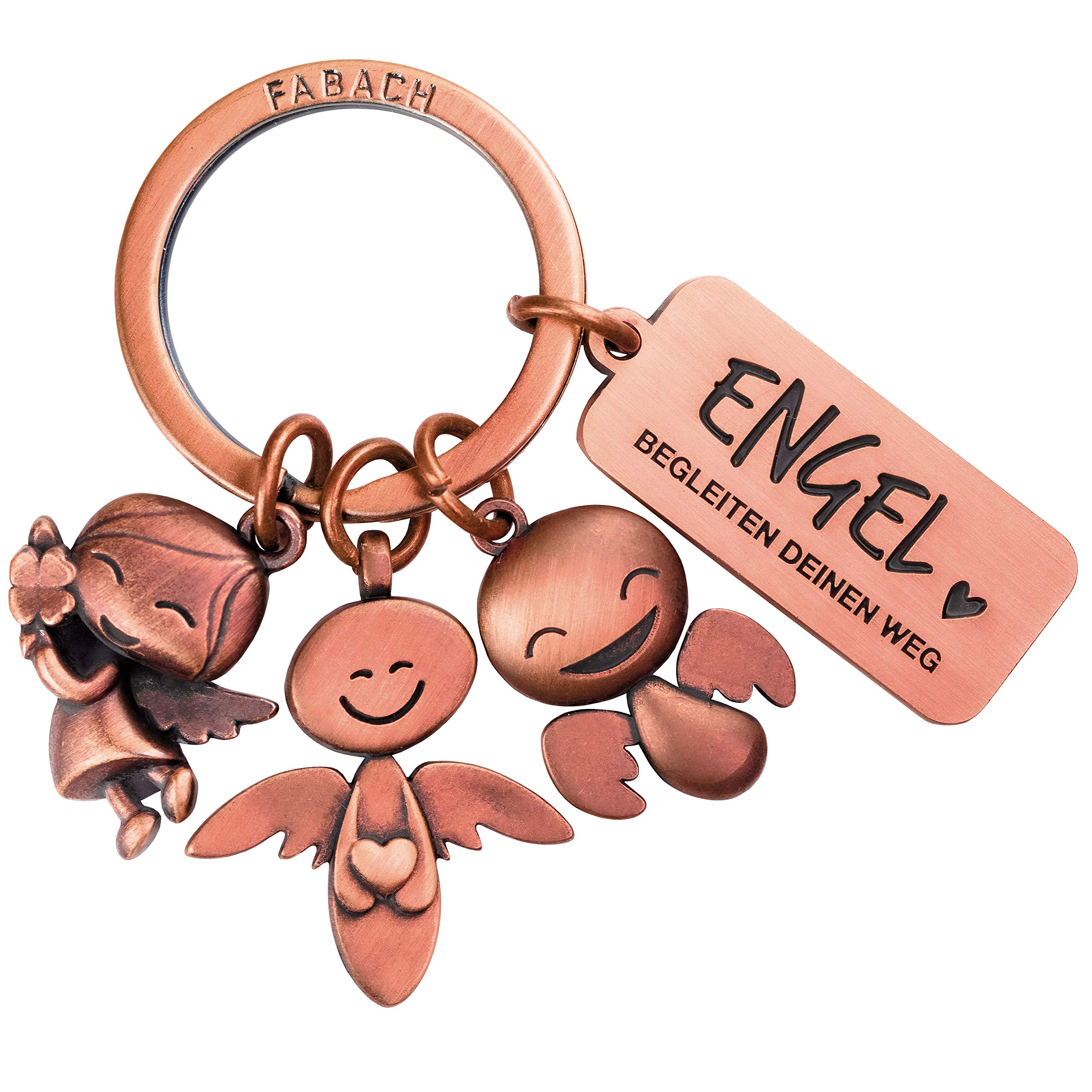 FABACH Beschermengel-sleutelhanger Happy met gravure, leuke sleutelhanger met metalen boodschap voor automobilisten, cadeau, geluksbrenger, rijbewijs, voorzichtig rijden, antiek brons, Eén maat
